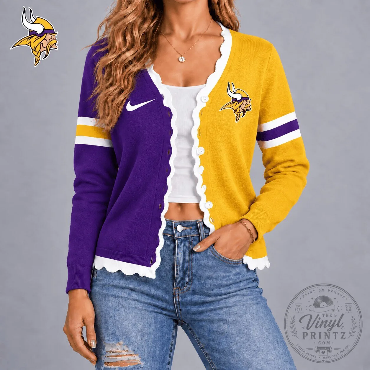 Minnesota Vikings Women's Purple and Gold Scalloped Cardigan Sweater