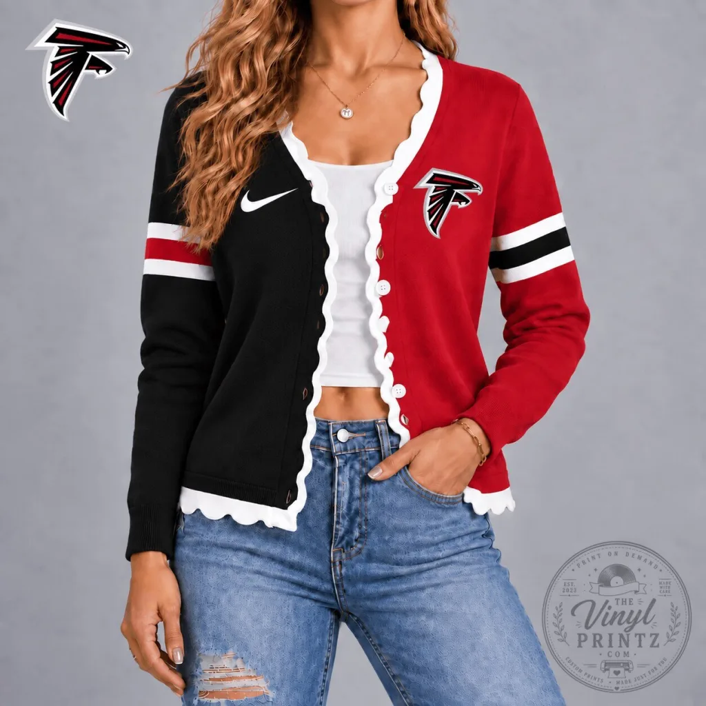 Atlanta Falcons Women's Embroidered Varsity Stripe Button Cardigan Sweater Atlanta Falcons Women's Embroidered Varsity Stripe Button Cardigan Sweater