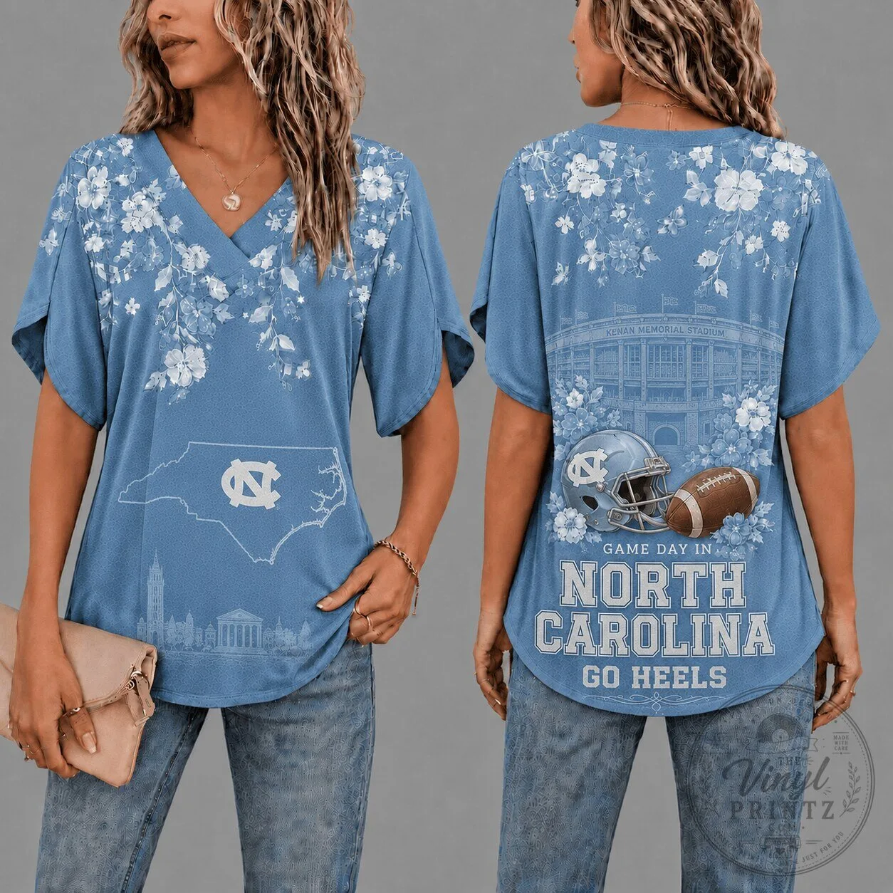 North Carolina Tar Heels Gameday Floral V-Neck Short Sleeve T-Shirt for Women