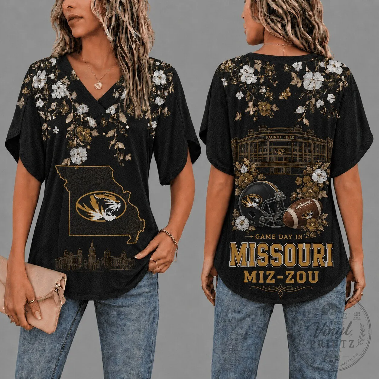 Missouri Tigers Gameday Floral Petal Sleeve V-Neck T-Shirt for Women