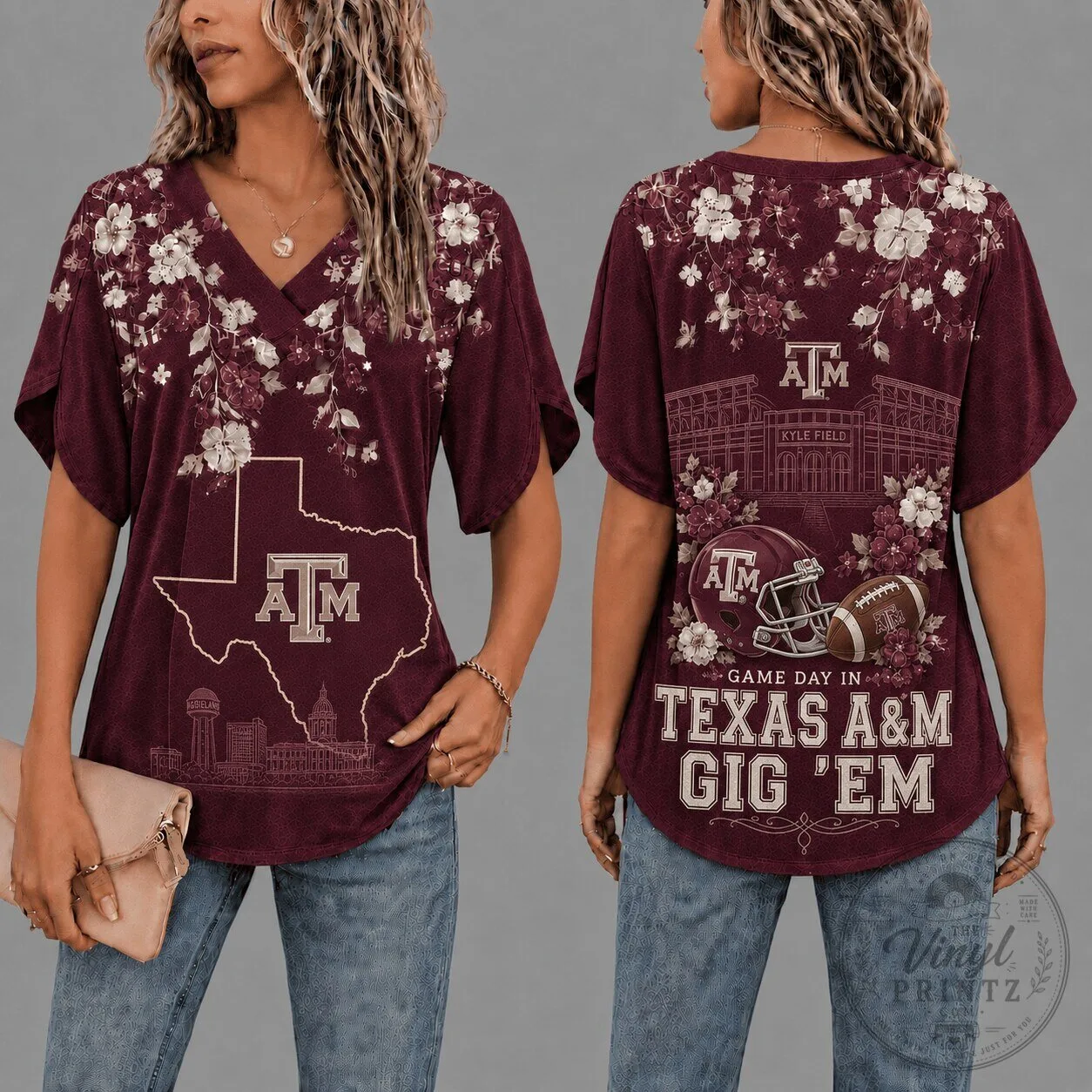 Texas A&M Aggies Gameday Floral Maroon V-Neck T-Shirt