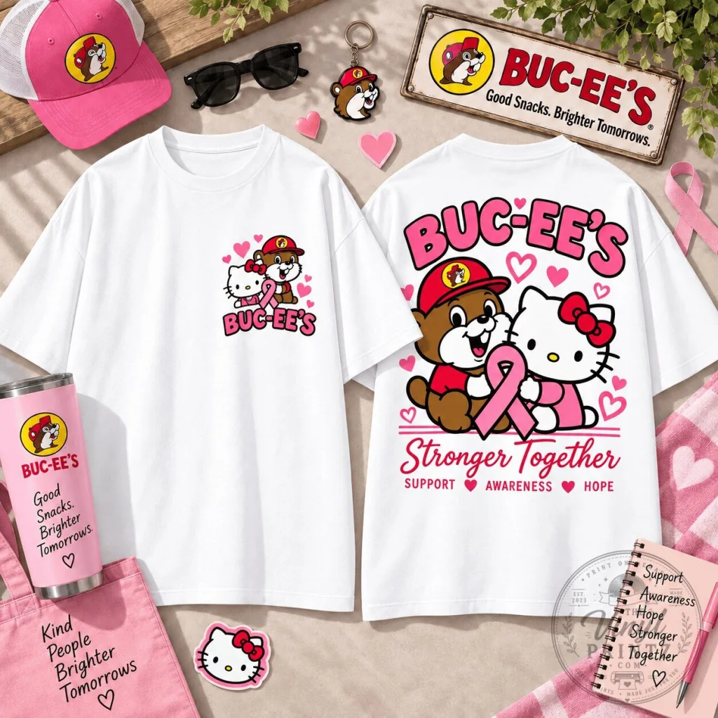 Buc-ee's Hello Kitty Stronger Together Pink Ribbon T-Shirt Buc-ee's Hello Kitty Stronger Together Pink Ribbon T-Shirt