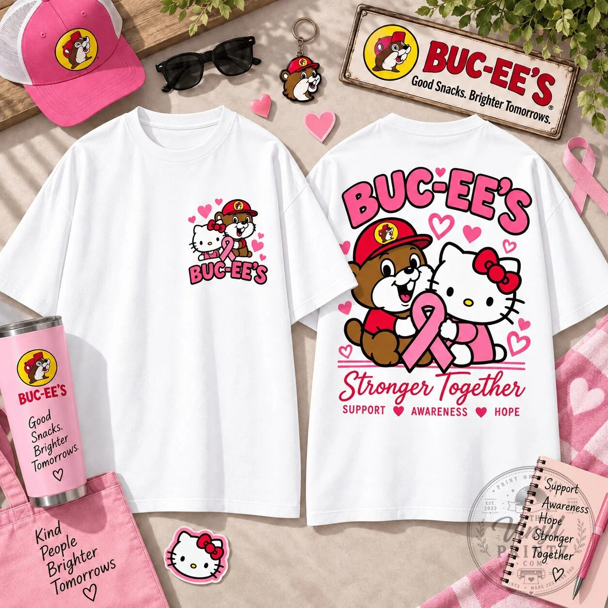 Buc-ee's Hello Kitty Stronger Together Pink Ribbon T-Shirt