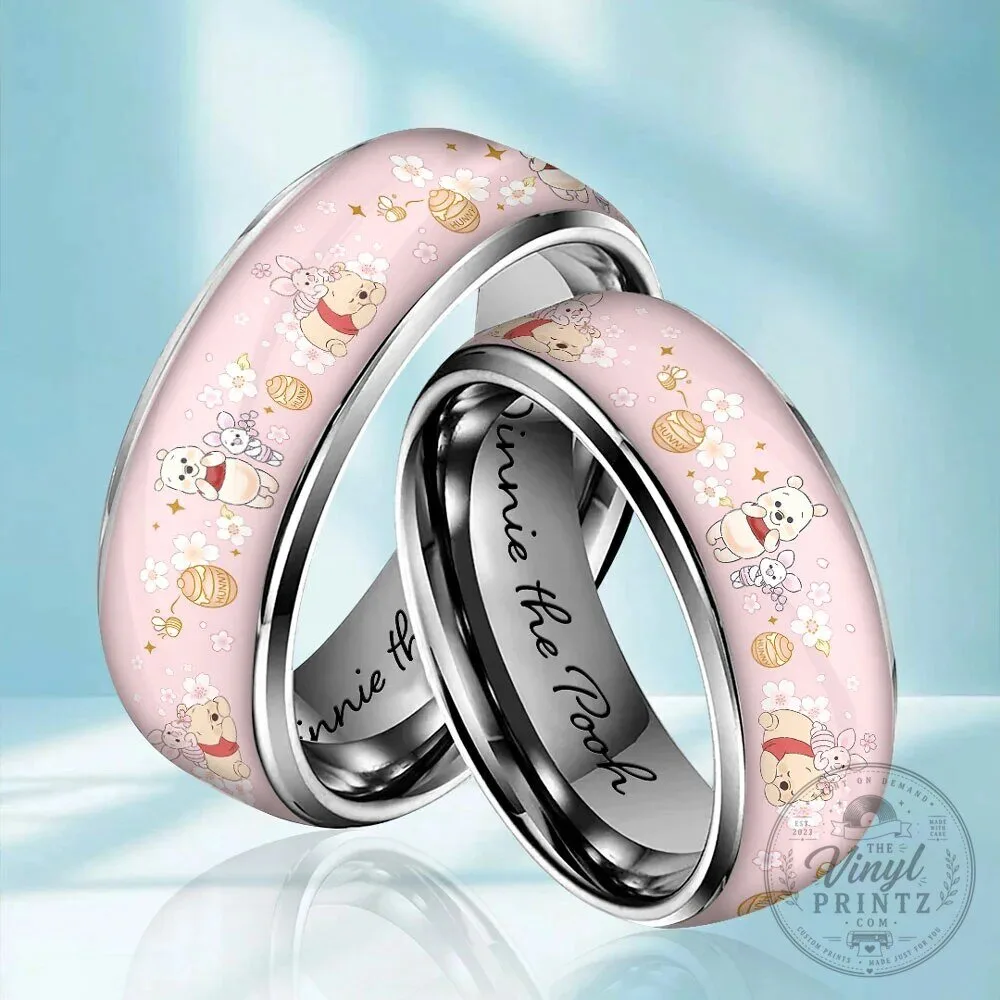 Winnie the Pooh and Friends Pink Floral Pattern Stainless Steel Ring