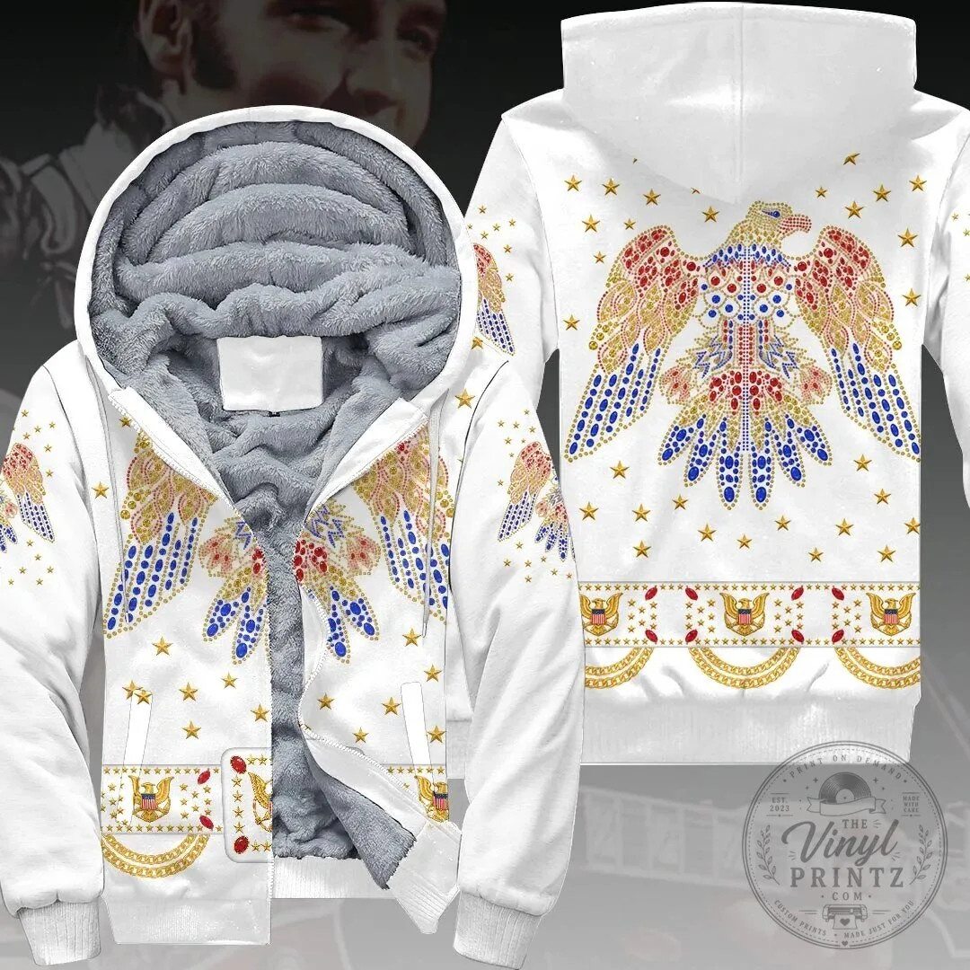 エルヴィス プレスリー公式、刺繍 アメリカンイーグルジャンパー Elvis Presley American Eagle Pattern White Fleece Zip Hoodie - The