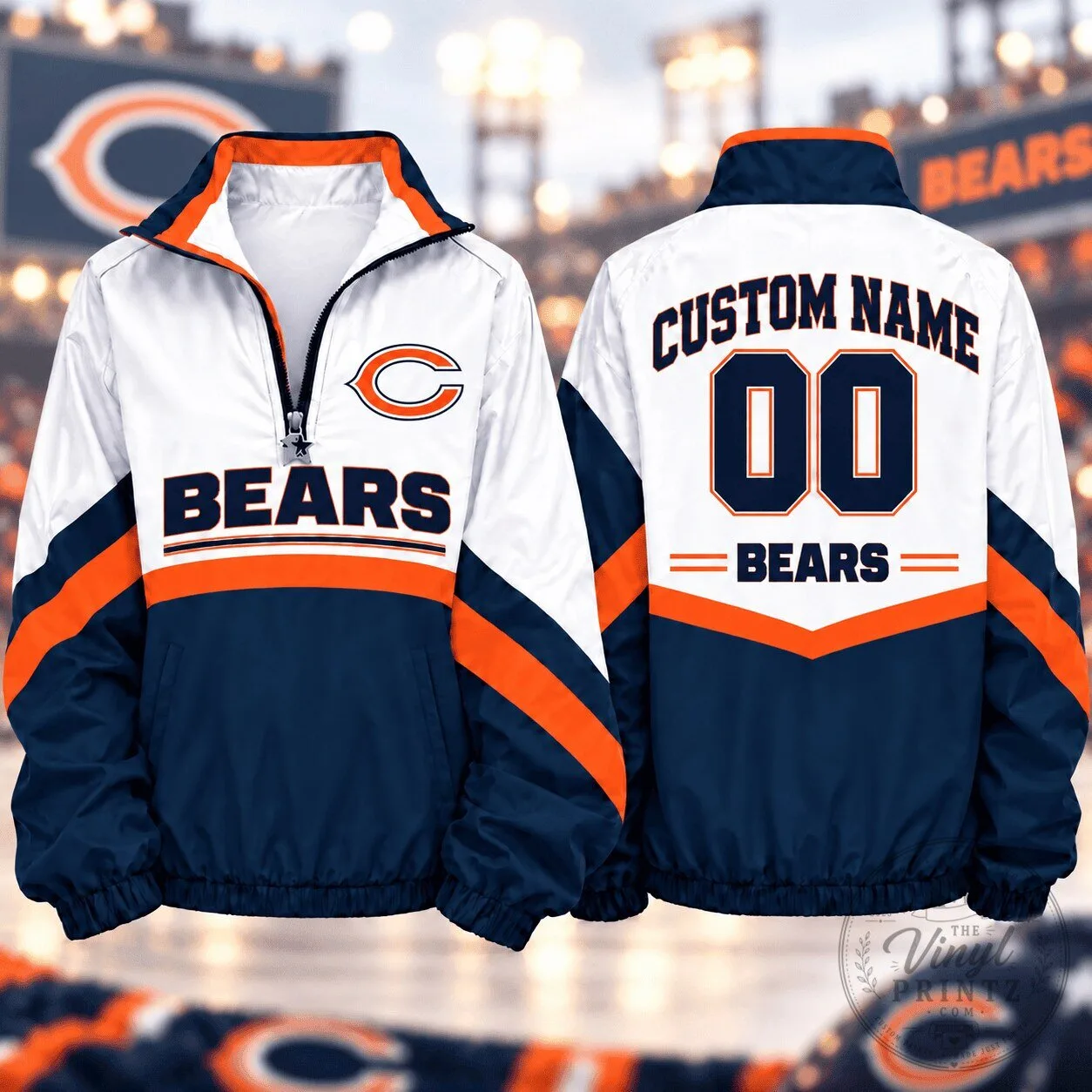 Chicago Bears Custom Name Number Quarter Zip Windbreaker Jacket