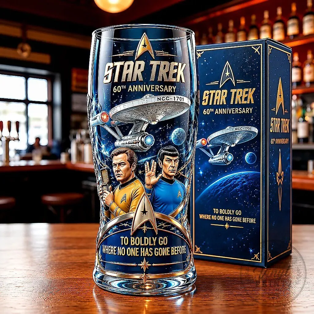 Star Trek 60th Anniversary Captain Kirk Spock Commemorative Pint Glass