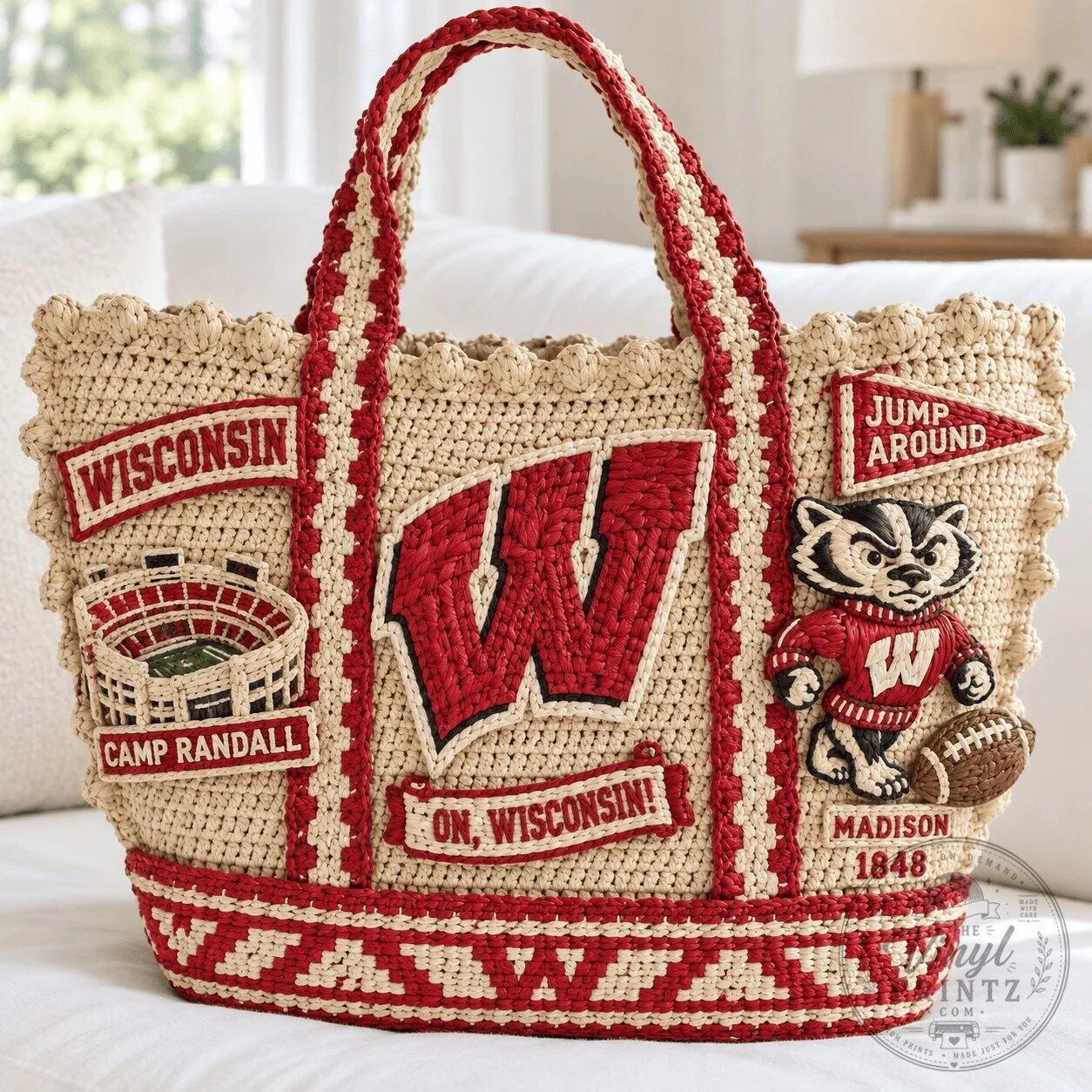 Wisconsin Badgers University Straw Embellished Tote Bag