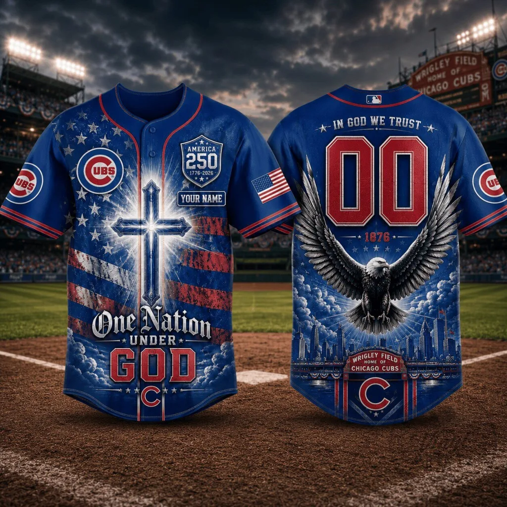 Chicago Cubs Baseball Jersey with Patriotic One Nation Under God Design 28 Chicago Cubs Baseball Jersey with Patriotic One Nation Under God Design