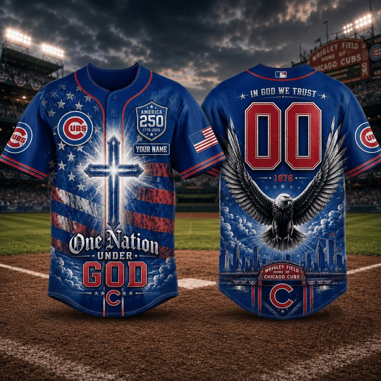 Chicago Cubs Baseball Jersey with Patriotic One Nation Under God Design