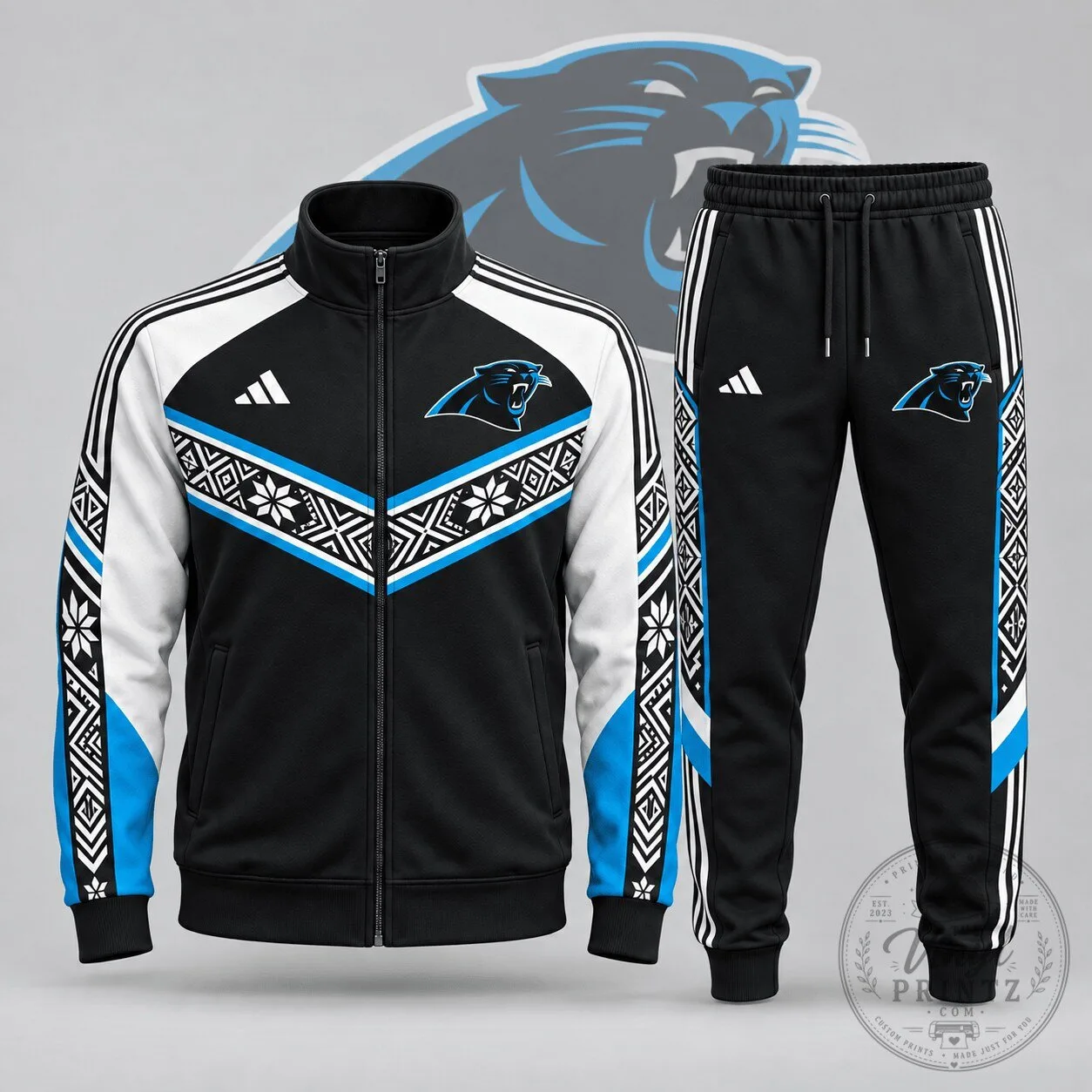 Carolina Panthers National Football League Team Nordic Pattern Zip Up Track Jacket