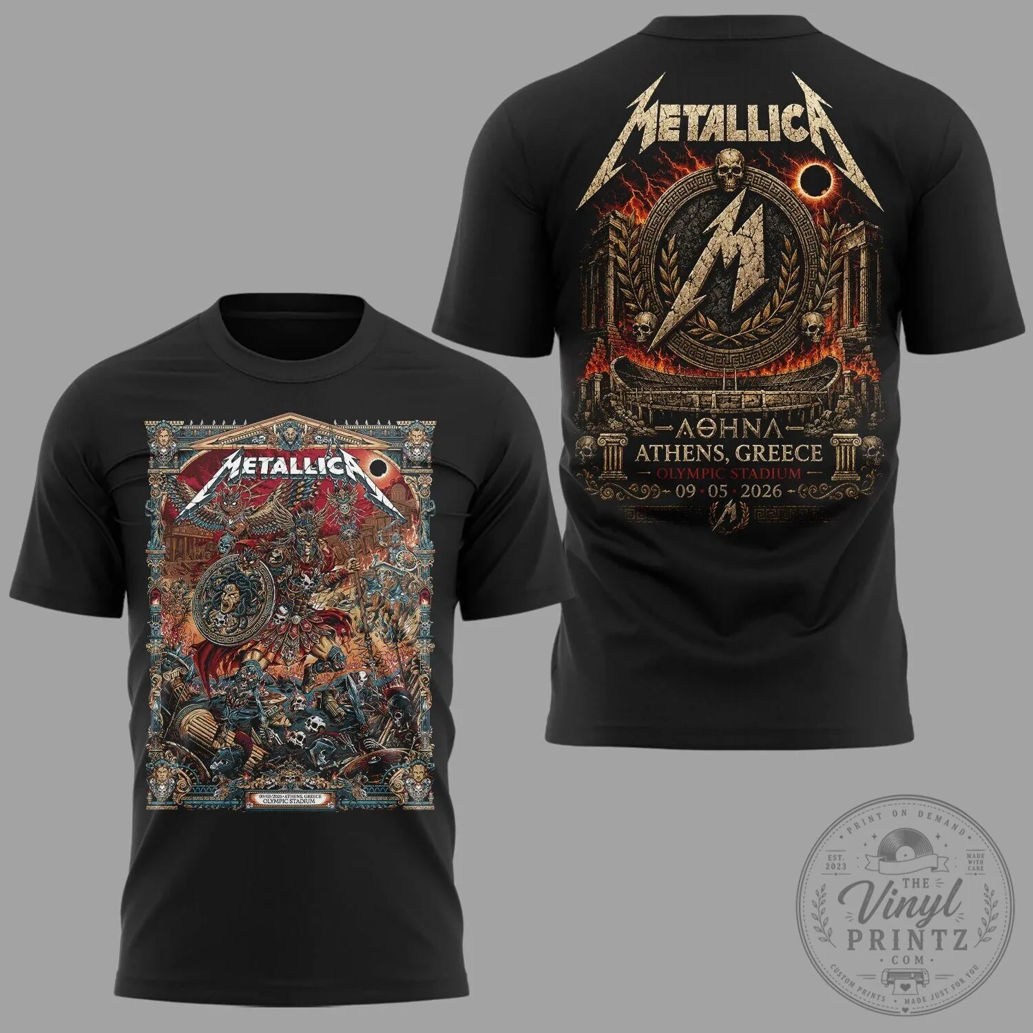 Black Graphic T-Shirt for Metallica's 2026 Concert Tour in Athens, Greece