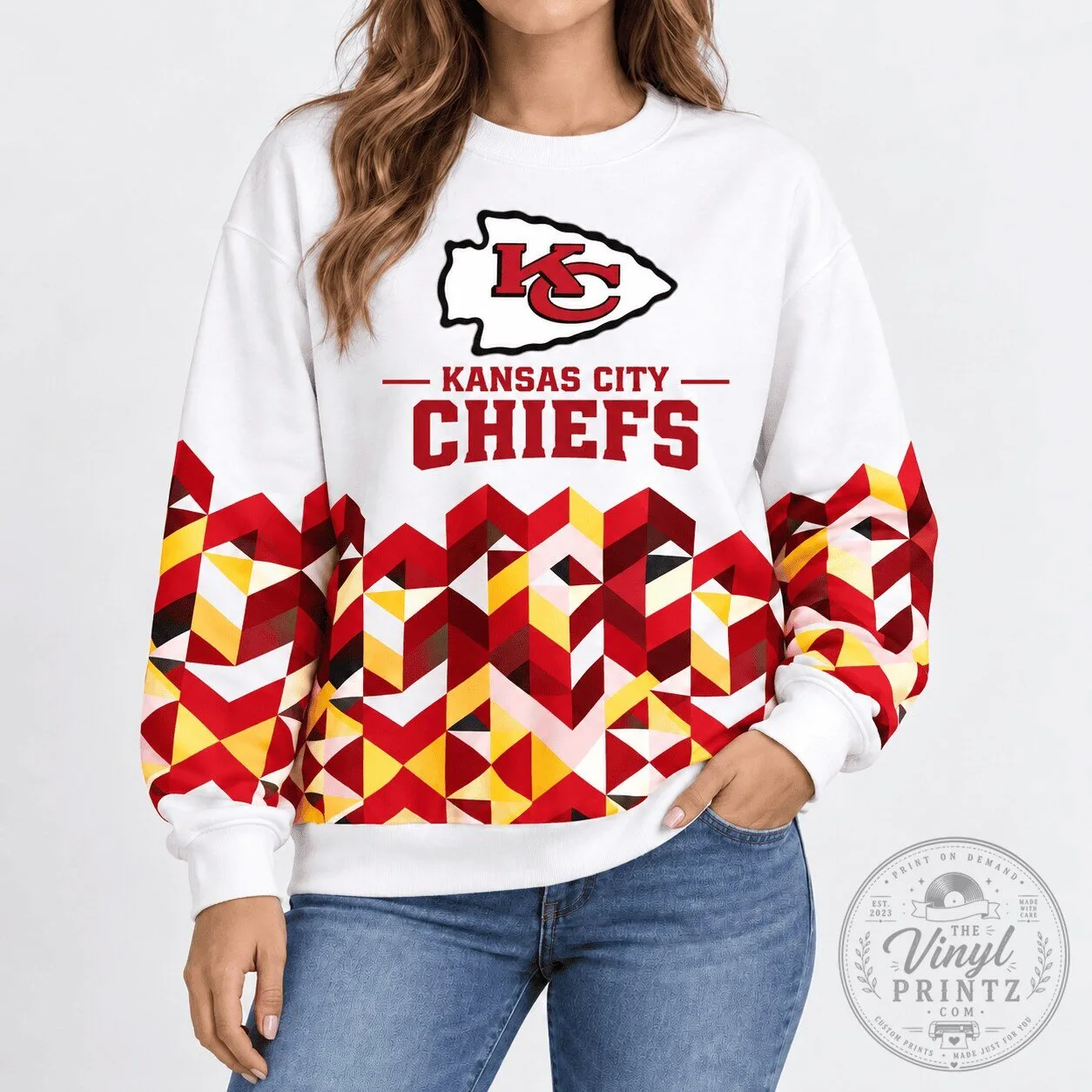 Kansas City Chiefs Geometric Chevron Pattern White Crewneck Sweatshirt