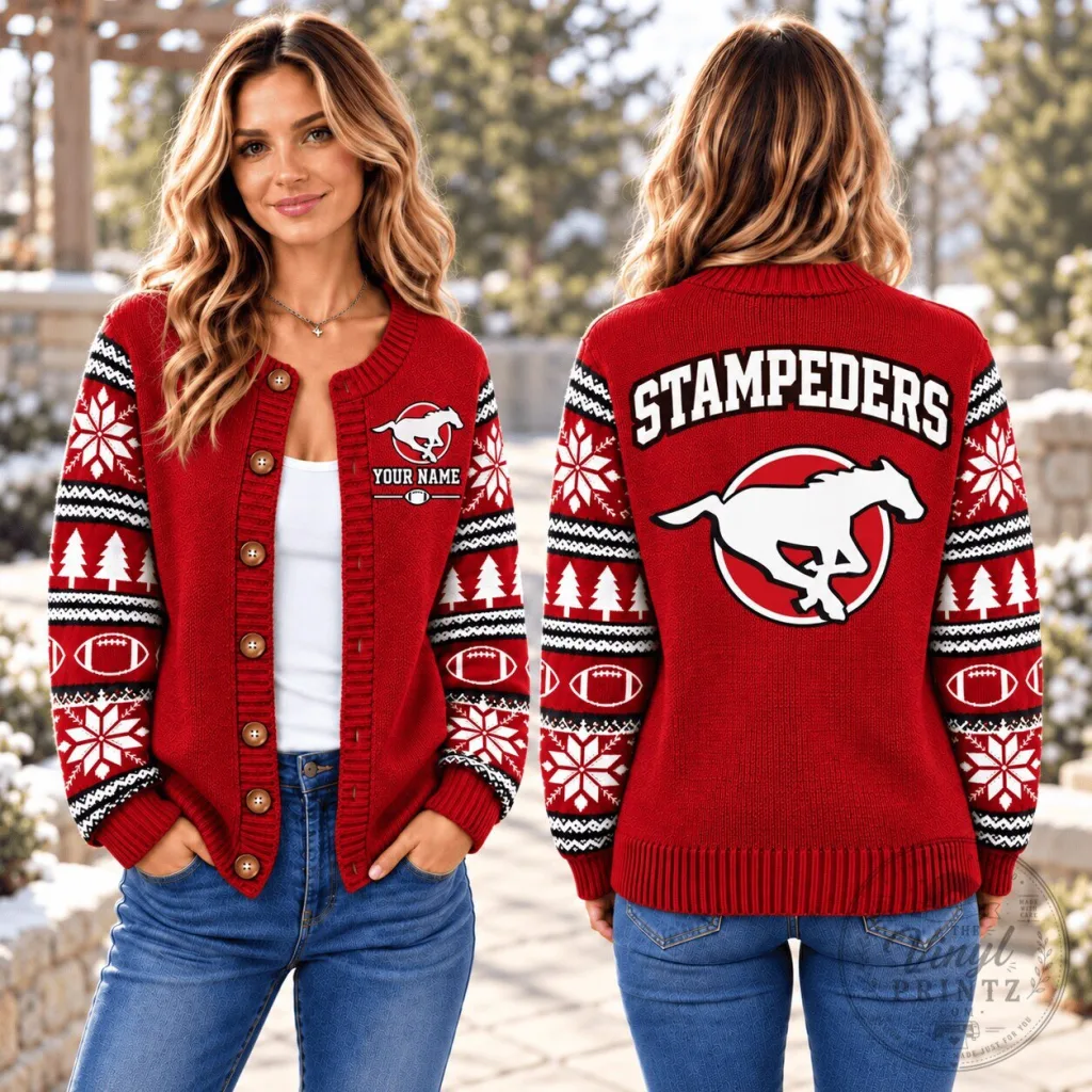 Calgary Stampeders Canadian Football League Team Ugly Christmas Cardigan Sweater 36 Calgary Stampeders Canadian Football League Team Ugly Christmas Cardigan Sweater