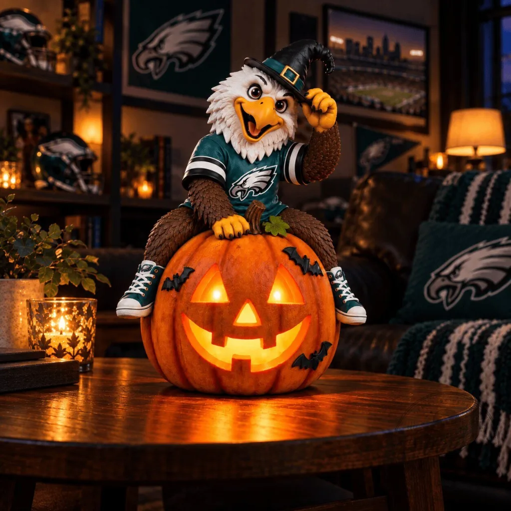 Philadelphia Eagles Swoop Mascot Sitting on Halloween Pumpkin Model Decor Philadelphia Eagles Swoop Mascot Sitting on Halloween Pumpkin Model Decor