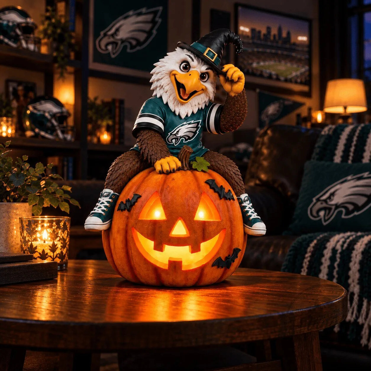 Philadelphia Eagles Swoop Mascot Sitting on Halloween Pumpkin Model Decor
