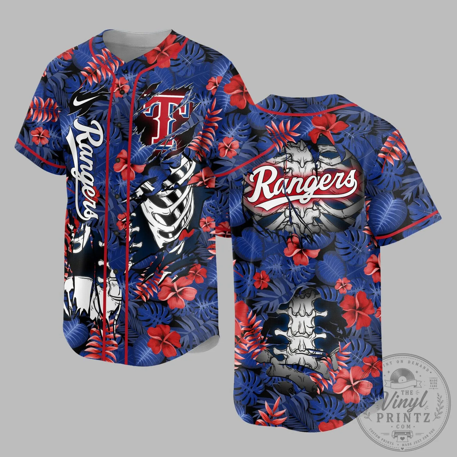Texas Rangers Baseball Skeleton Tropical Floral Hawaiian Shirt