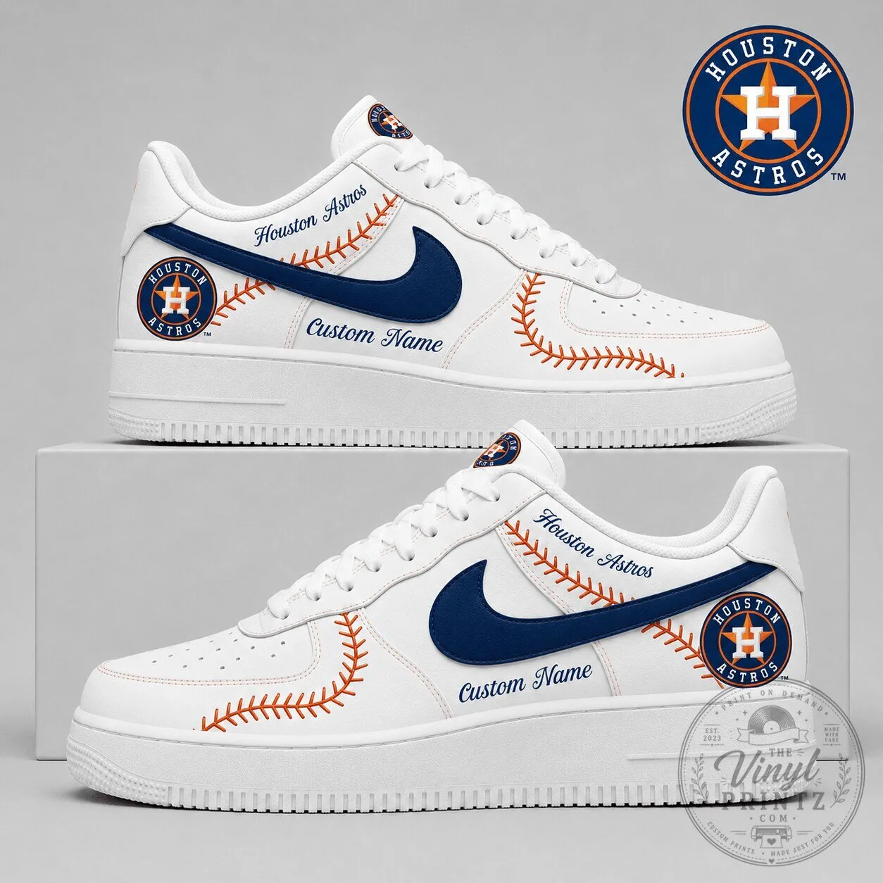 Houston Astros Baseball Team Custom Name White Sneakers Shoes