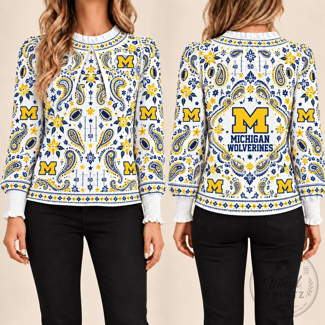 Michigan Wolverines Paisley Bandana Pattern Long Sleeve Blouse