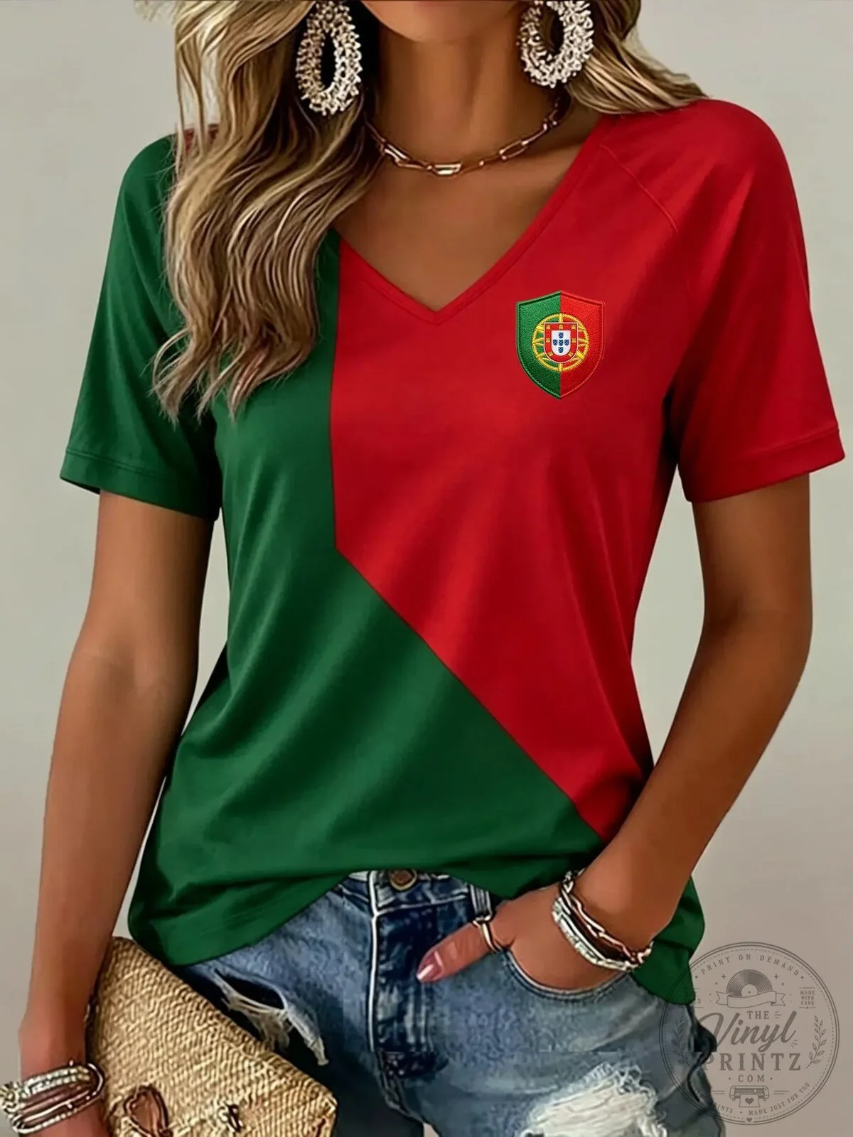 Women's Portugal Football Match Cheering Green Red V-Neck T-Shirt