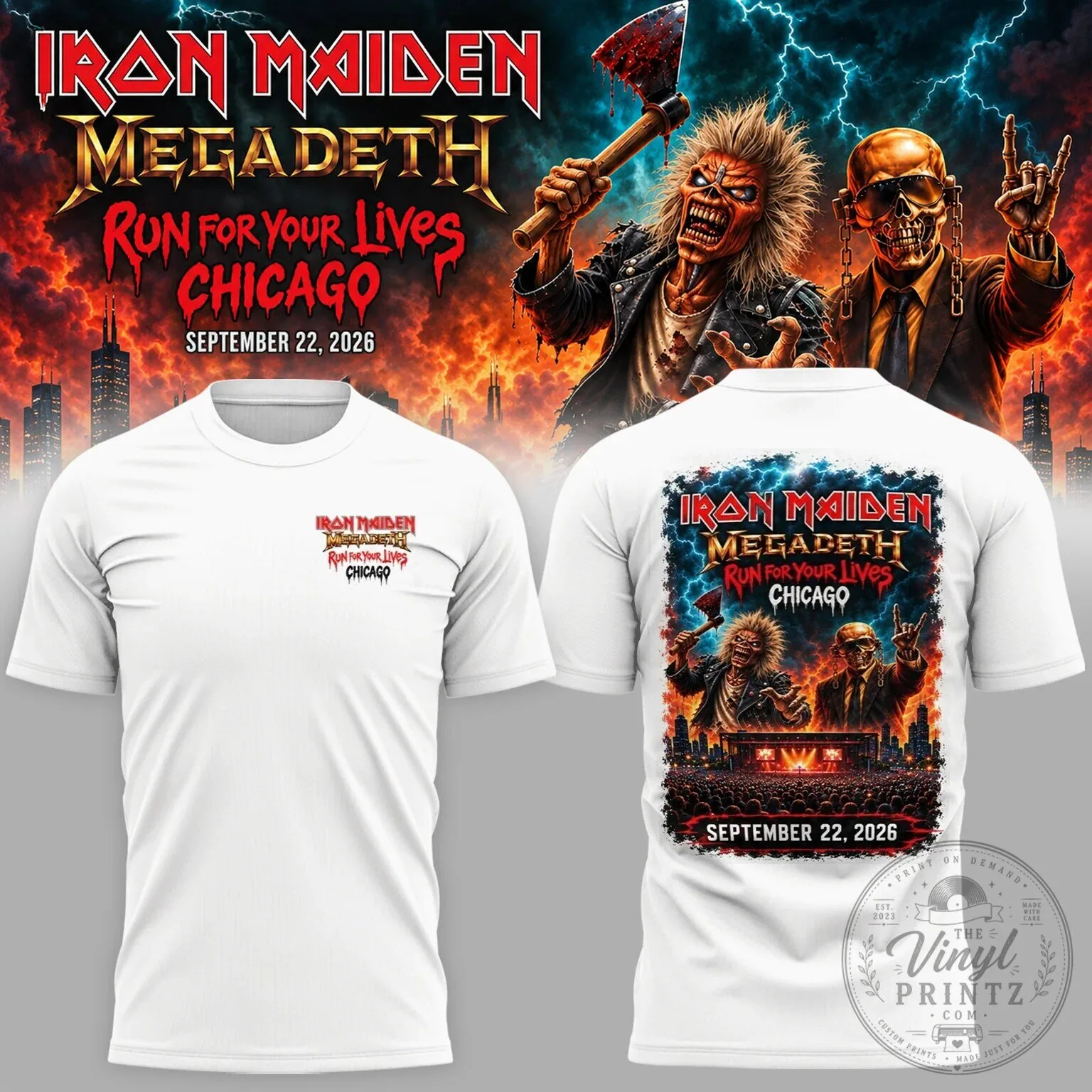 Iron Maiden Megadeth Run For Your Lives Chicago Concert Tour T-Shirt