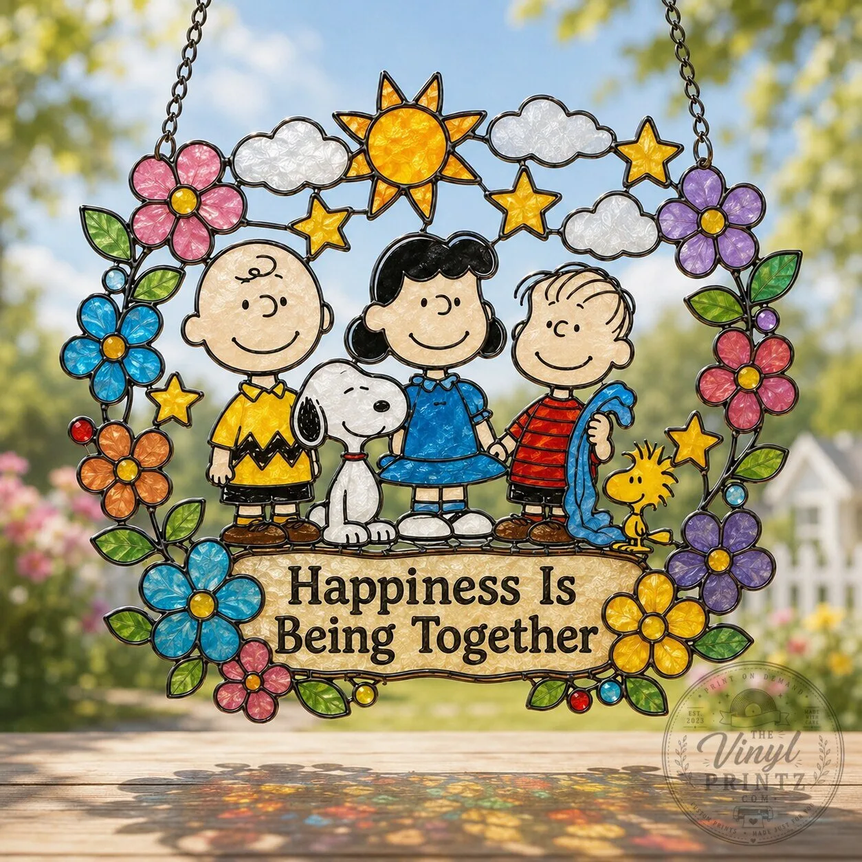 Peanuts Snoopy and Friends Happiness Is Being Together Stained Glass Suncatcher