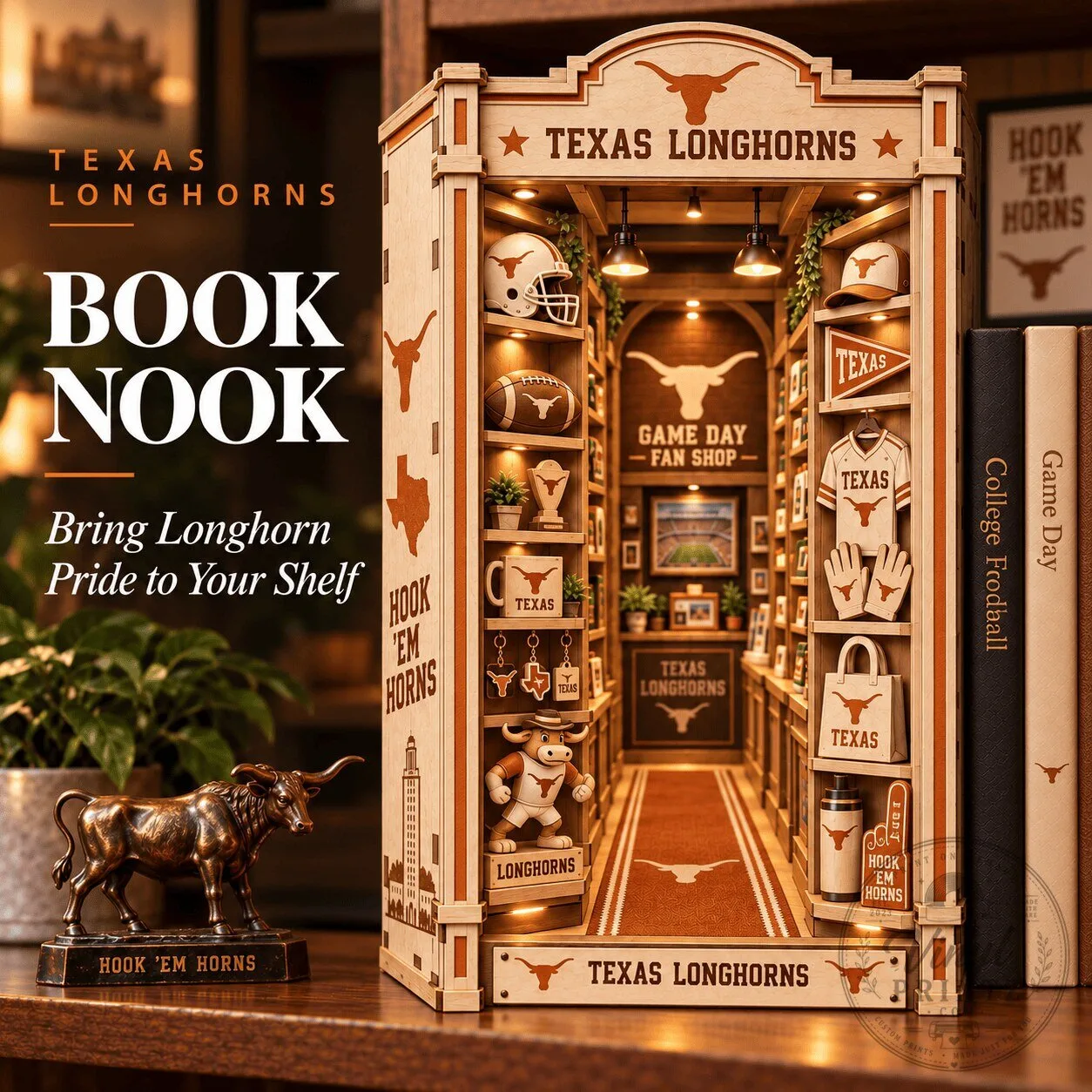 Texas Longhorns Book Nook Shelf Insert Decorative Display 1 Texas Longhorns Book Nook Shelf Insert Decorative Display