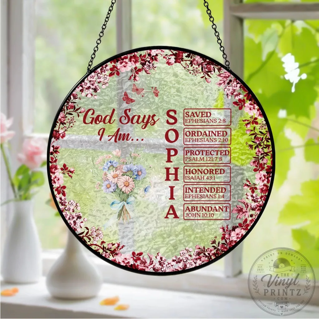 God Says I Am Sophia Personalized Flower Toile De Jouy Style Suncatcher God Says I Am Sophia Personalized Flower Toile De Jouy Style Suncatcher