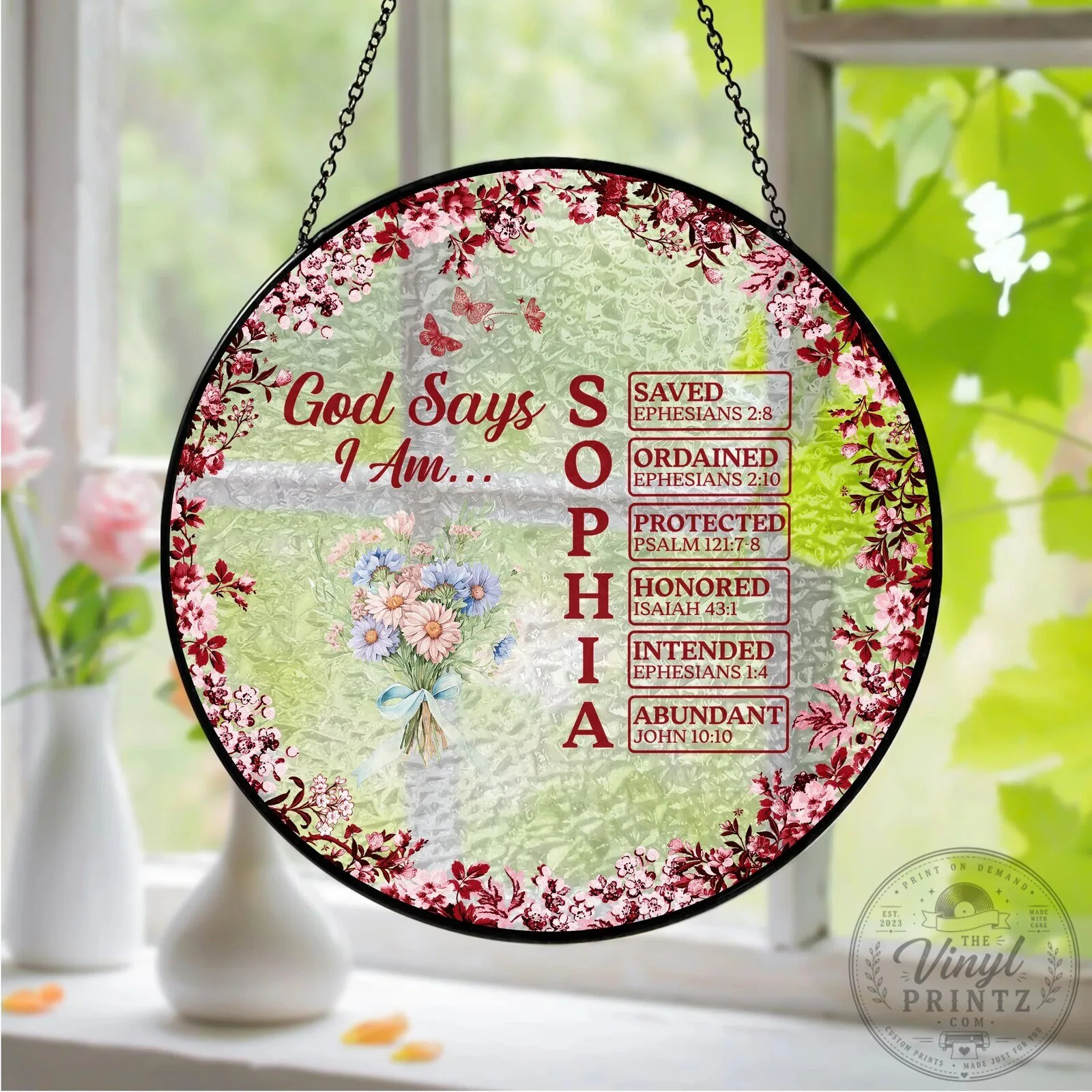 God Says I Am Sophia Personalized Flower Toile De Jouy Style Suncatcher