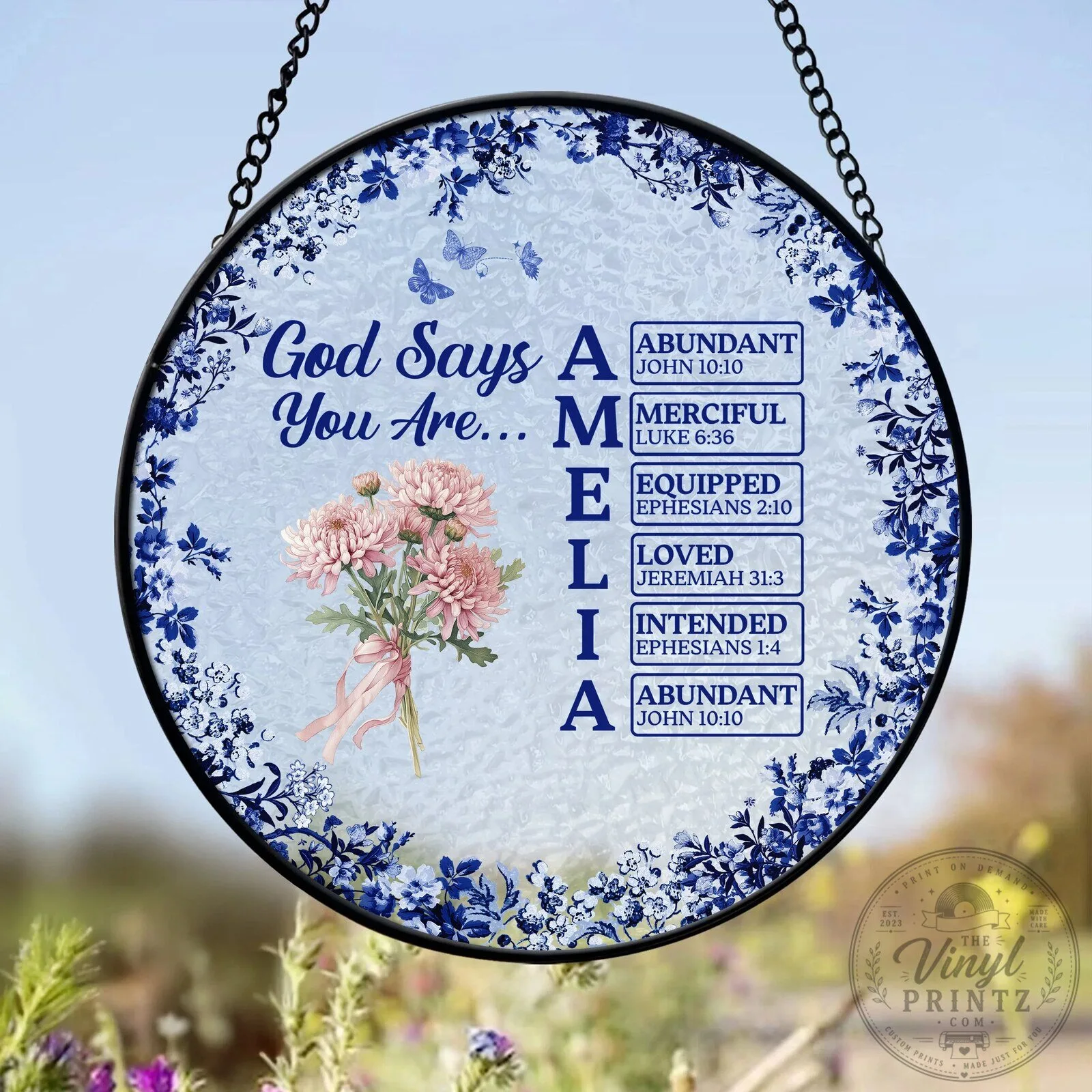 God Says I Am Sophia Personalized Flower Toile De Jouy Style Suncatcher 12 God Says I Am Sophia Personalized Flower Toile De Jouy Style Suncatcher