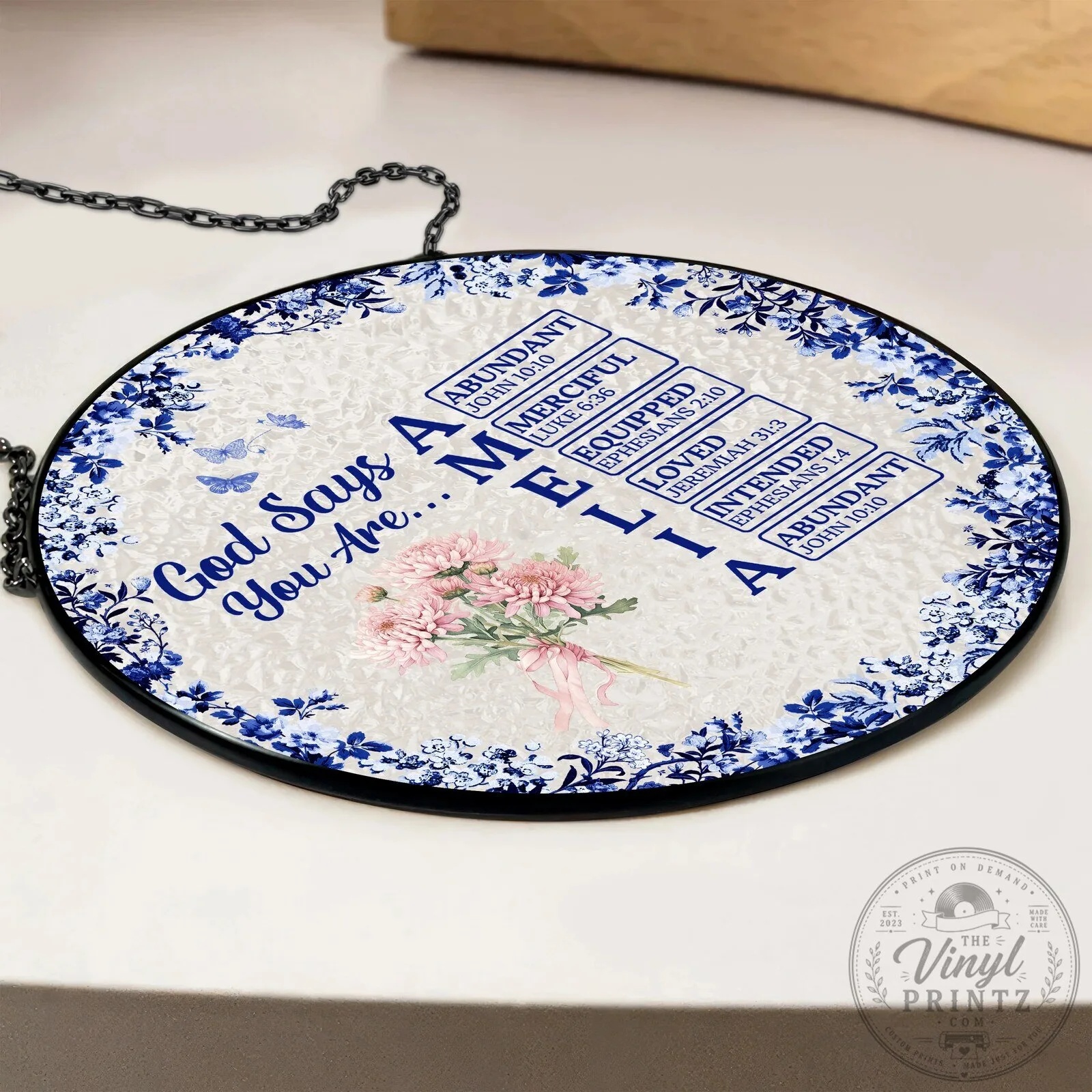 God Says I Am Sophia Personalized Flower Toile De Jouy Style Suncatcher 14 God Says I Am Sophia Personalized Flower Toile De Jouy Style Suncatcher