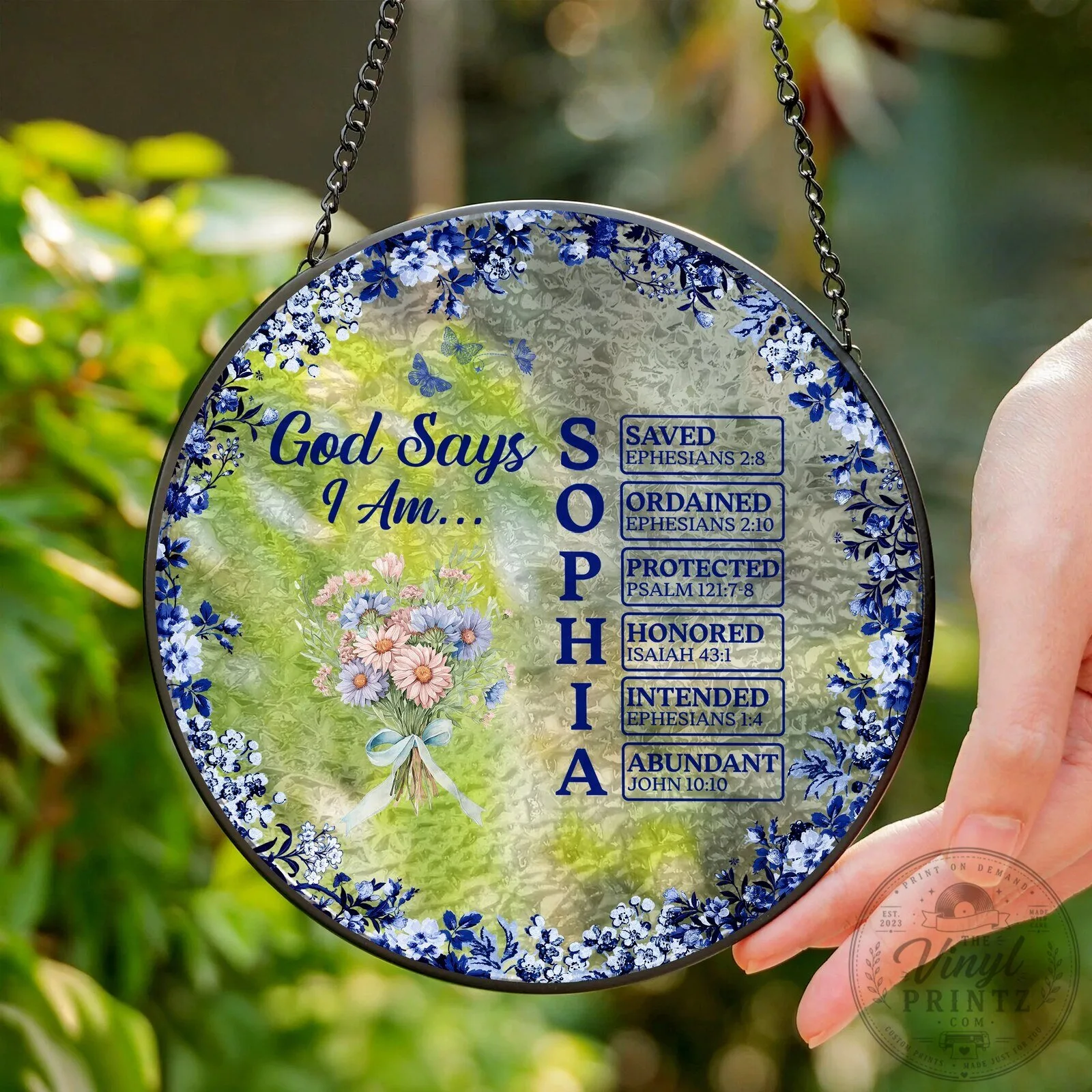 God Says I Am Sophia Personalized Flower Toile De Jouy Style Suncatcher 15 God Says I Am Sophia Personalized Flower Toile De Jouy Style Suncatcher