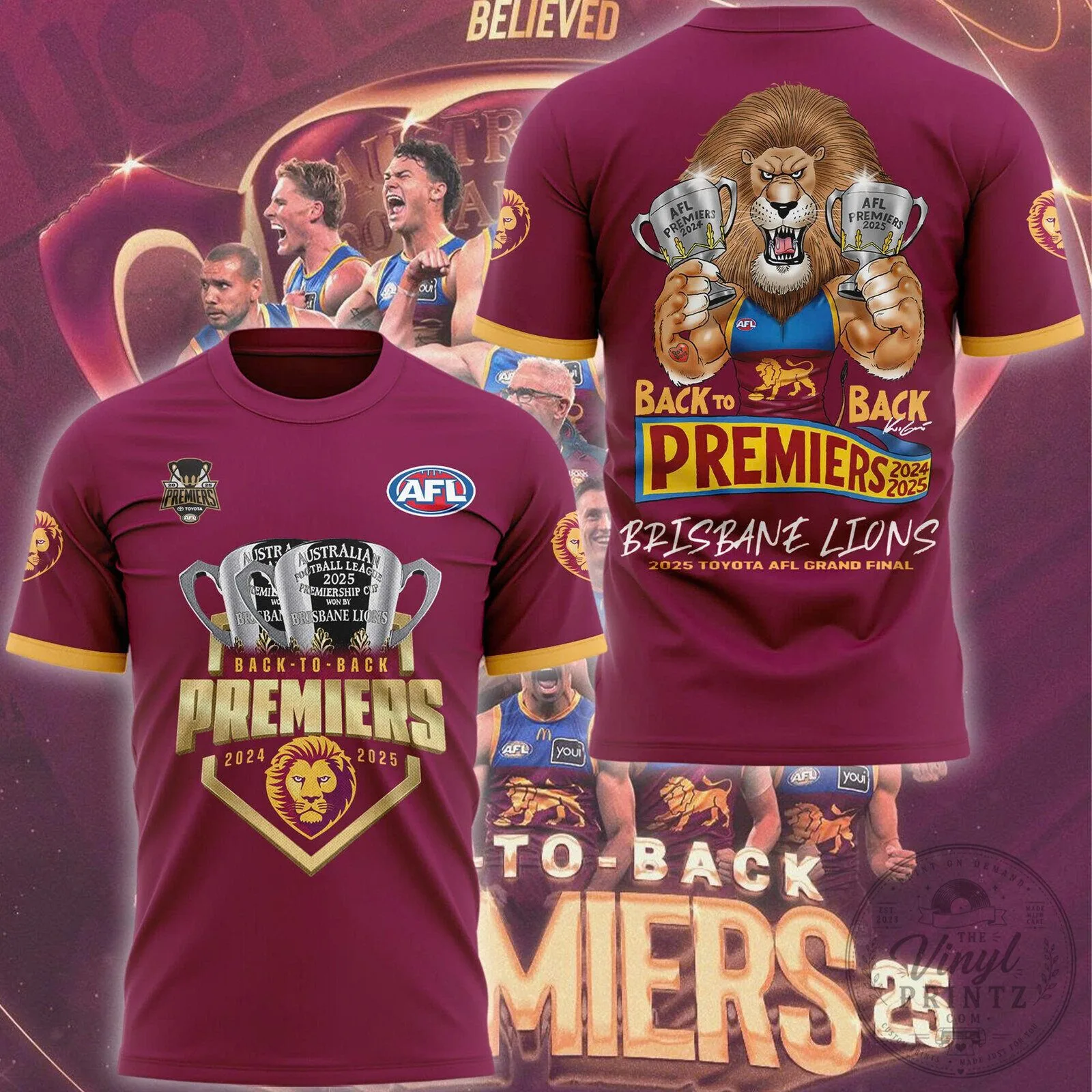 Brisbane Lions Back-to-Back Premiers 2024-2025 AFL Grand Final Commemorative T-Shirt