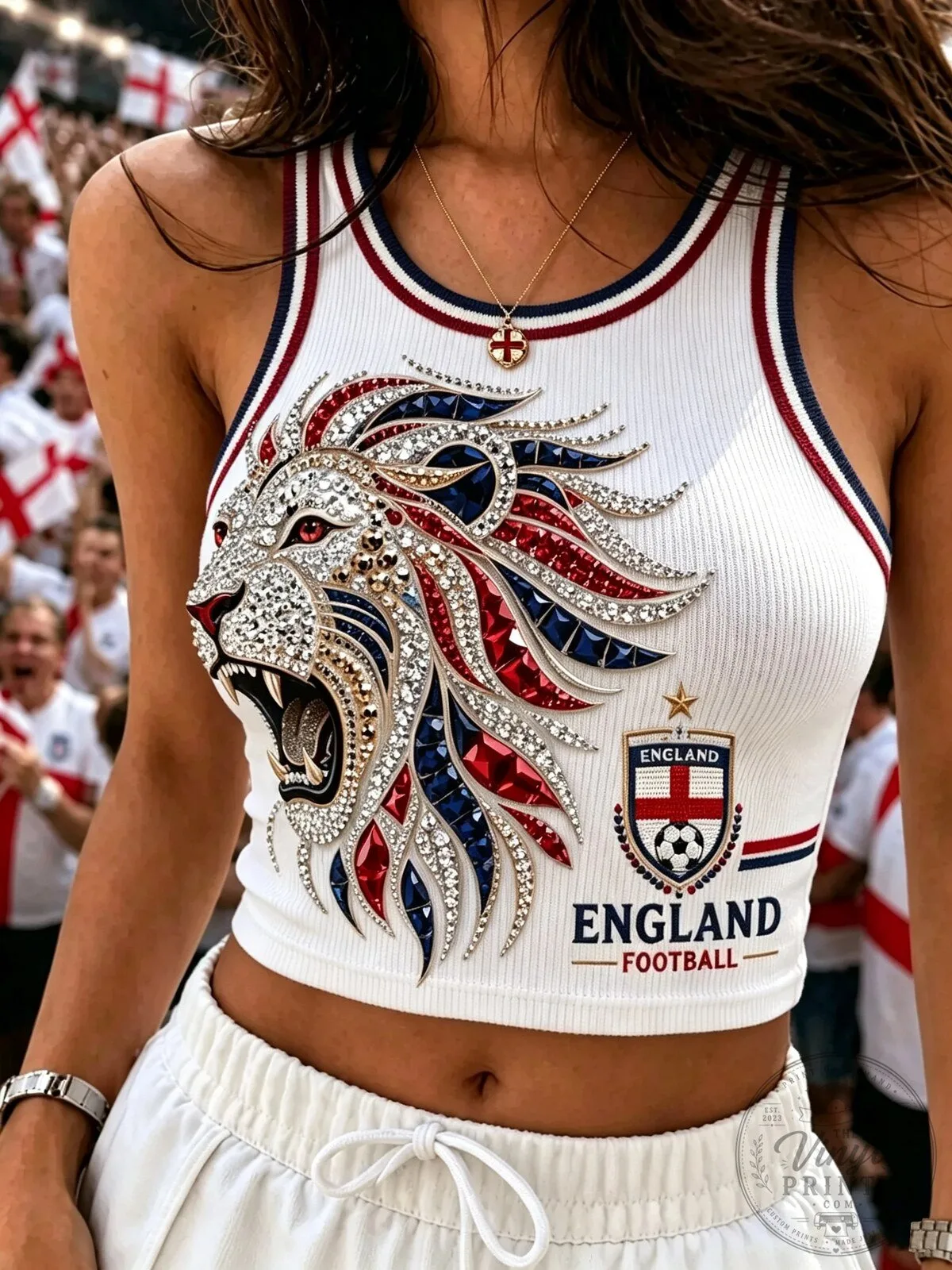 England Football Lioness Embellished White Ribbed Tank Top