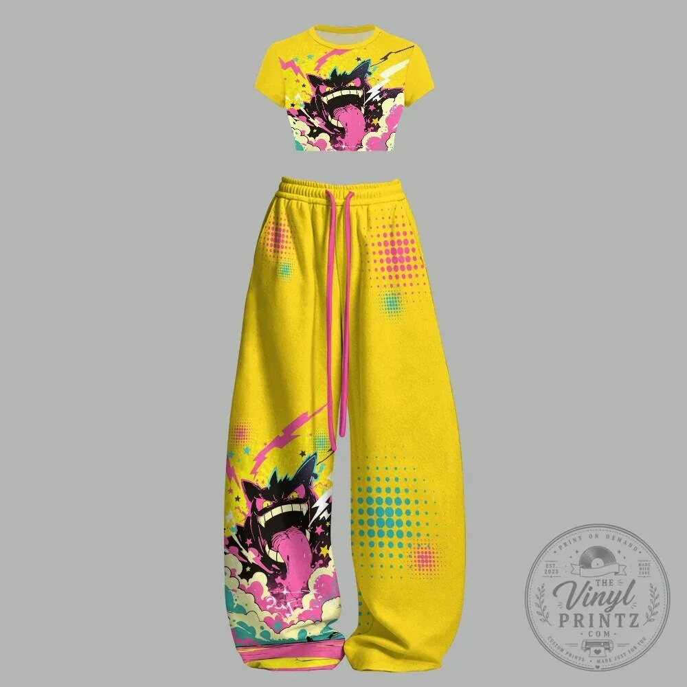 Pokemon Gengar Graphic Print Crop Top and Wide Leg Sweatpants Set