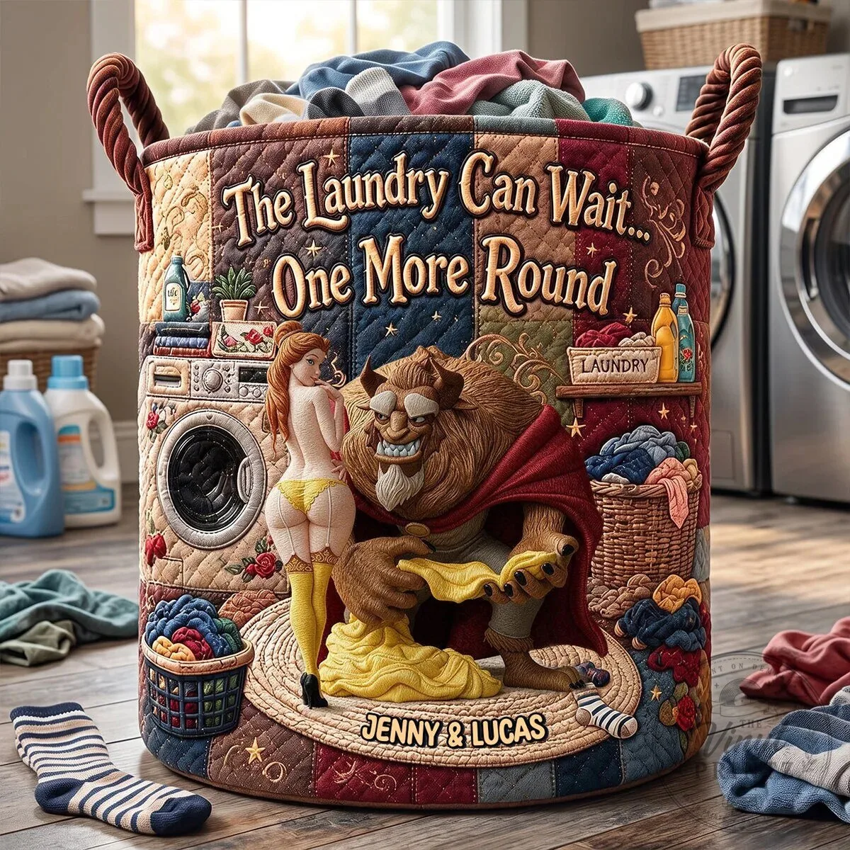 Beauty and the Beast Naughty Laundry Can Wait One More Round Personalized Laundry Basket