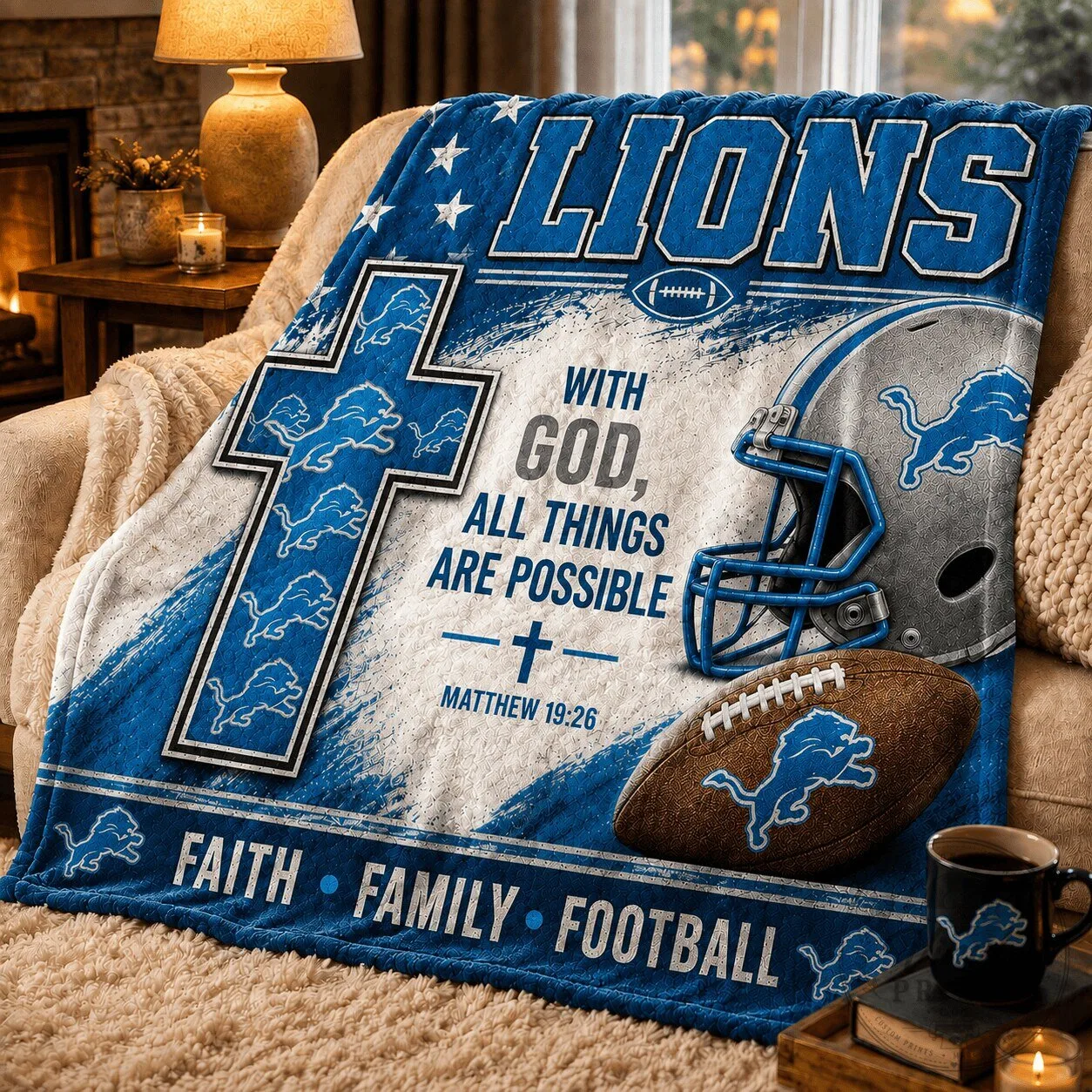 Detroit Lions With God All Things Are Possible Football Faith Family Blanket