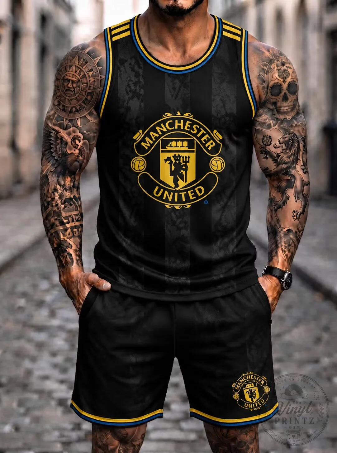 Manchester United Football Club Black and Yellow Striped Tank Top
