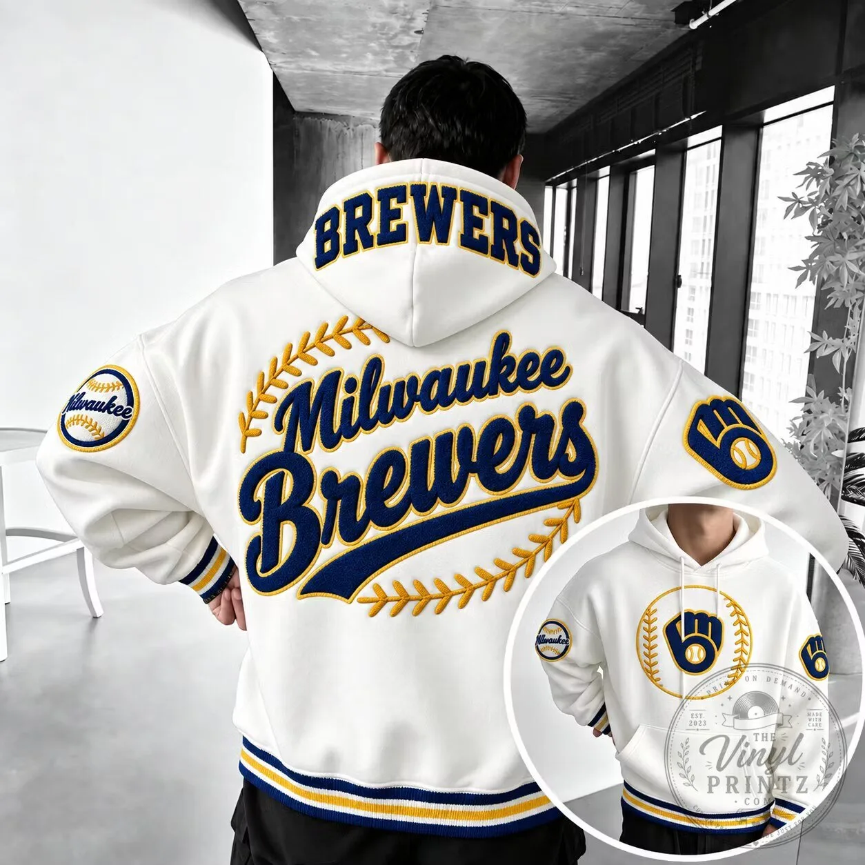 Milwaukee Brewers Baseball Team Logo White Embroidered Hoodie