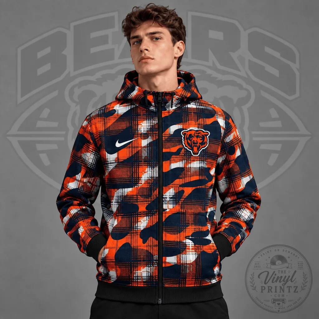 Chicago Bears NFL Team Crest Plaid Camouflage Full Zip Hooded Jacket Chicago Bears NFL Team Crest Plaid Camouflage Full Zip Hooded Jacket