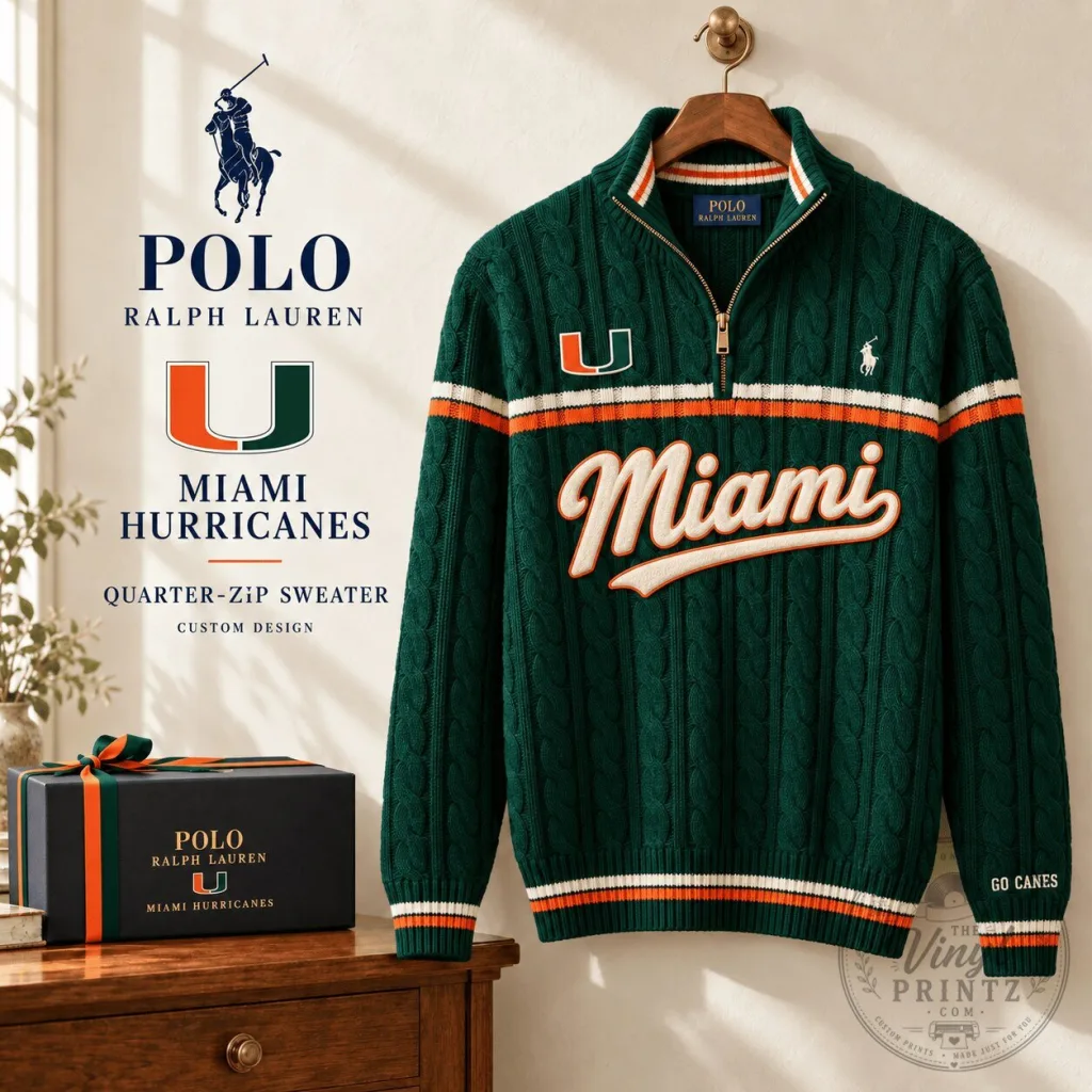 Polo Ralph Lauren Miami Hurricanes Quarter-Zip Cable-Knit Sweater Polo Ralph Lauren Miami Hurricanes Quarter-Zip Cable-Knit Sweater