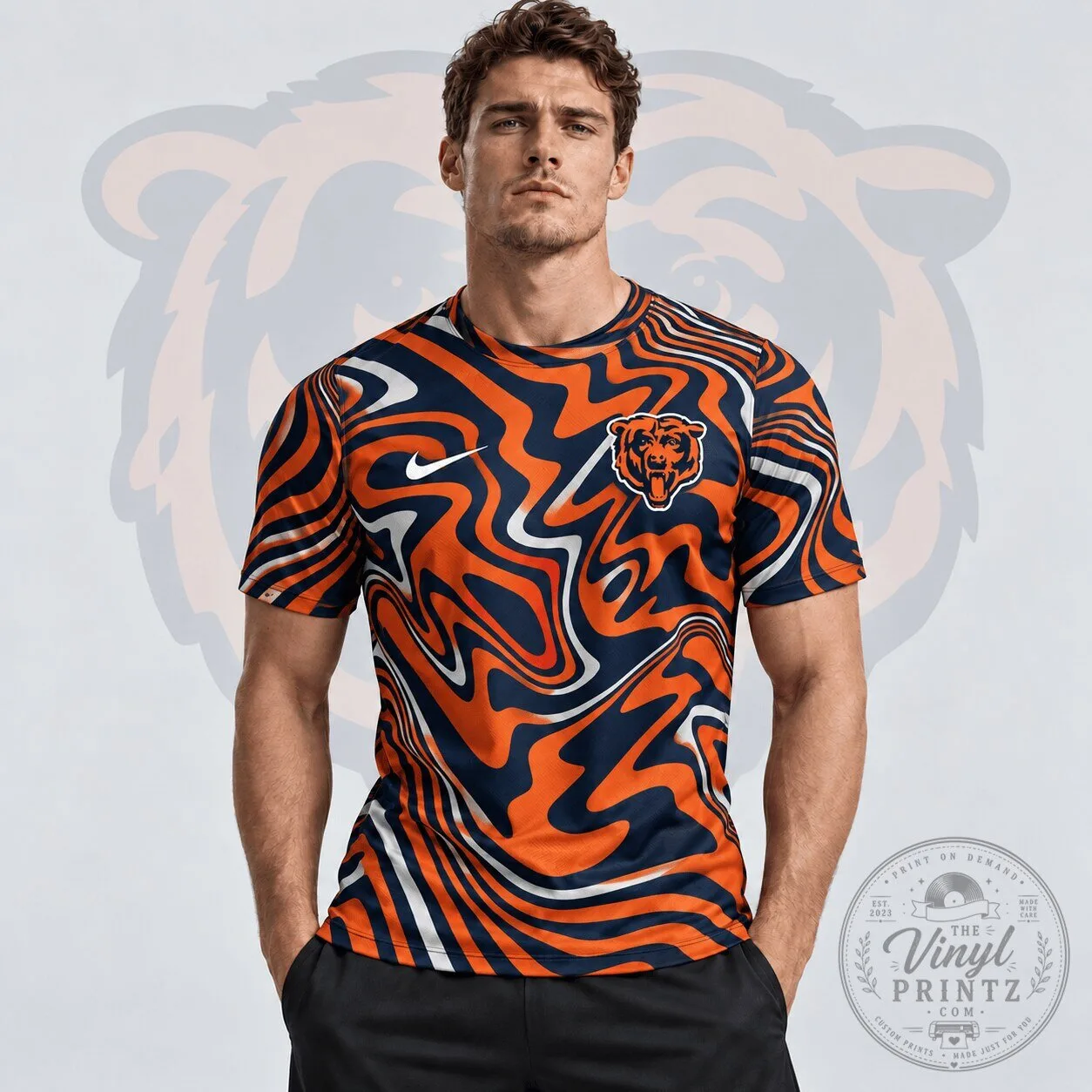 Chicago Bears NFL Team Crest Abstract Wave All Over Print Performance T-Shirt