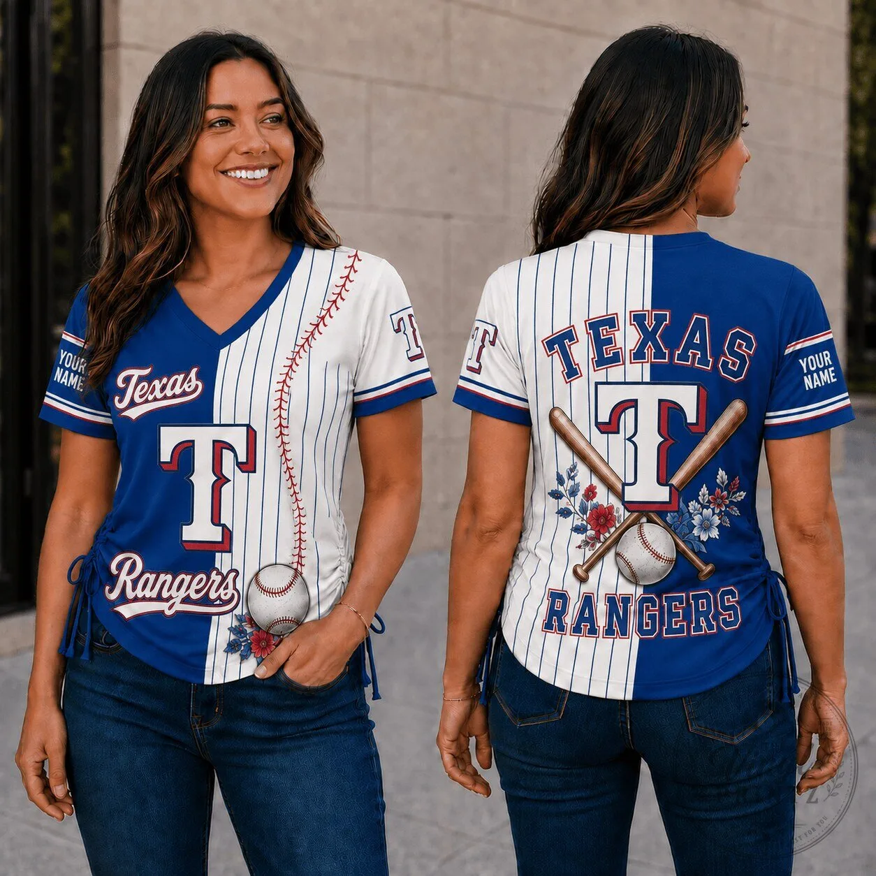 Texas Rangers MLB Fan Shirt, Personalized Baseball V-Neck T-Shirt for Women