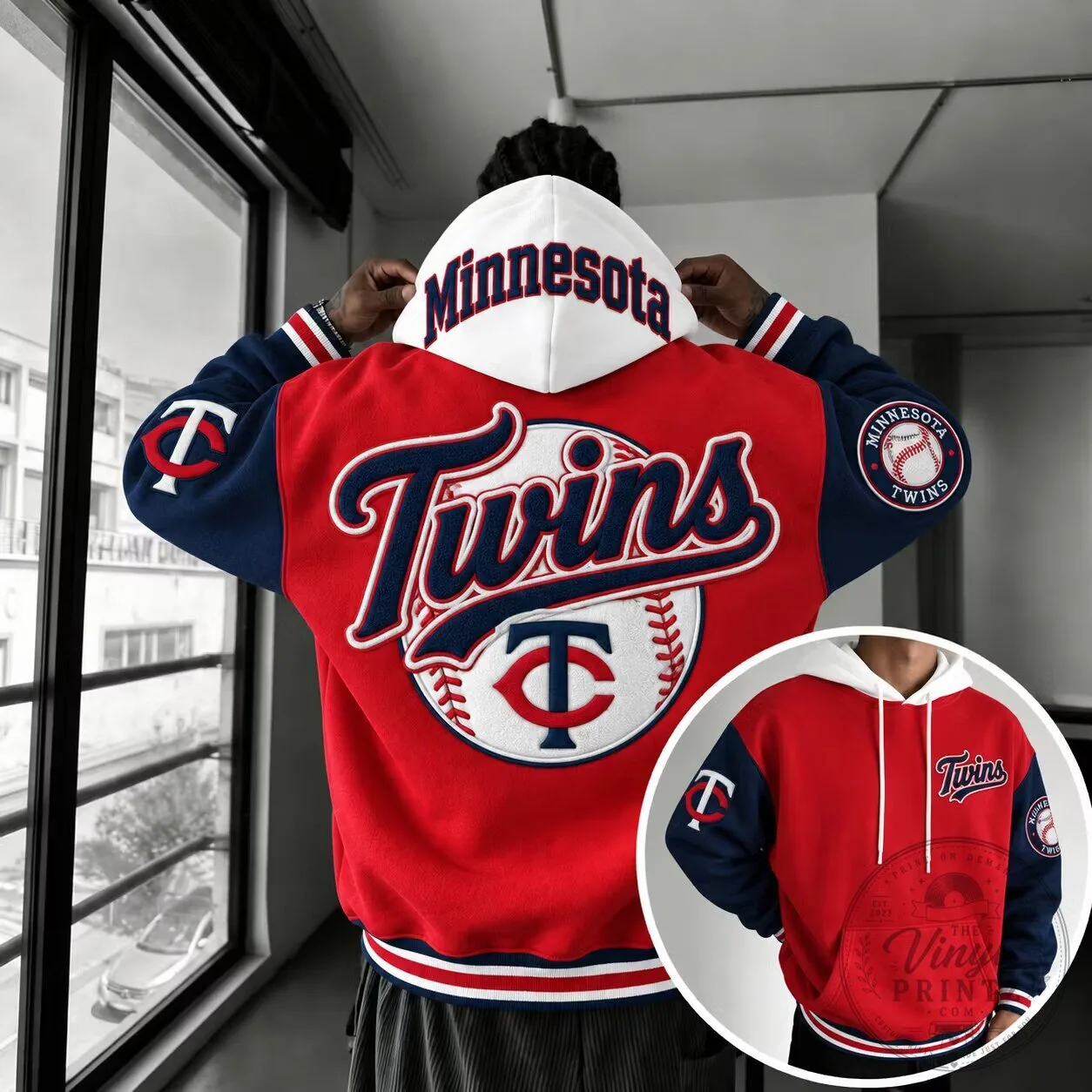 Minnesota Twins Baseball Team Red and Navy Blue Embroidered Hoodie
