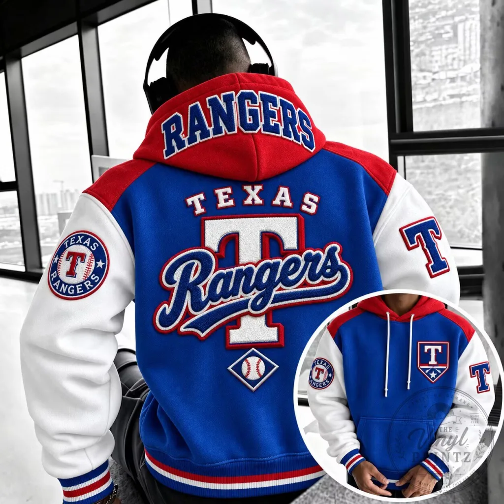 Texas Rangers Baseball Team Logo Embroidered Blue and Red Hoodie Texas Rangers Baseball Team Logo Embroidered Blue and Red Hoodie