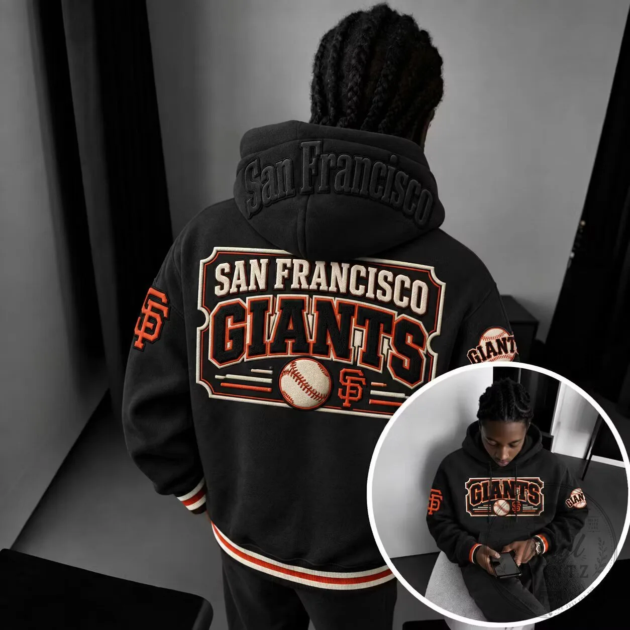 Oversized Black Hoodie with San Francisco Giants Baseball Team Logo 1 Oversized Black Hoodie with San Francisco Giants Baseball Team Logo