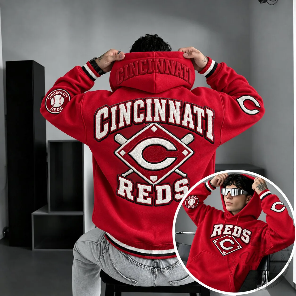 Cincinnati Reds Baseball Team Logo Red Embroidered Oversized Hoodie