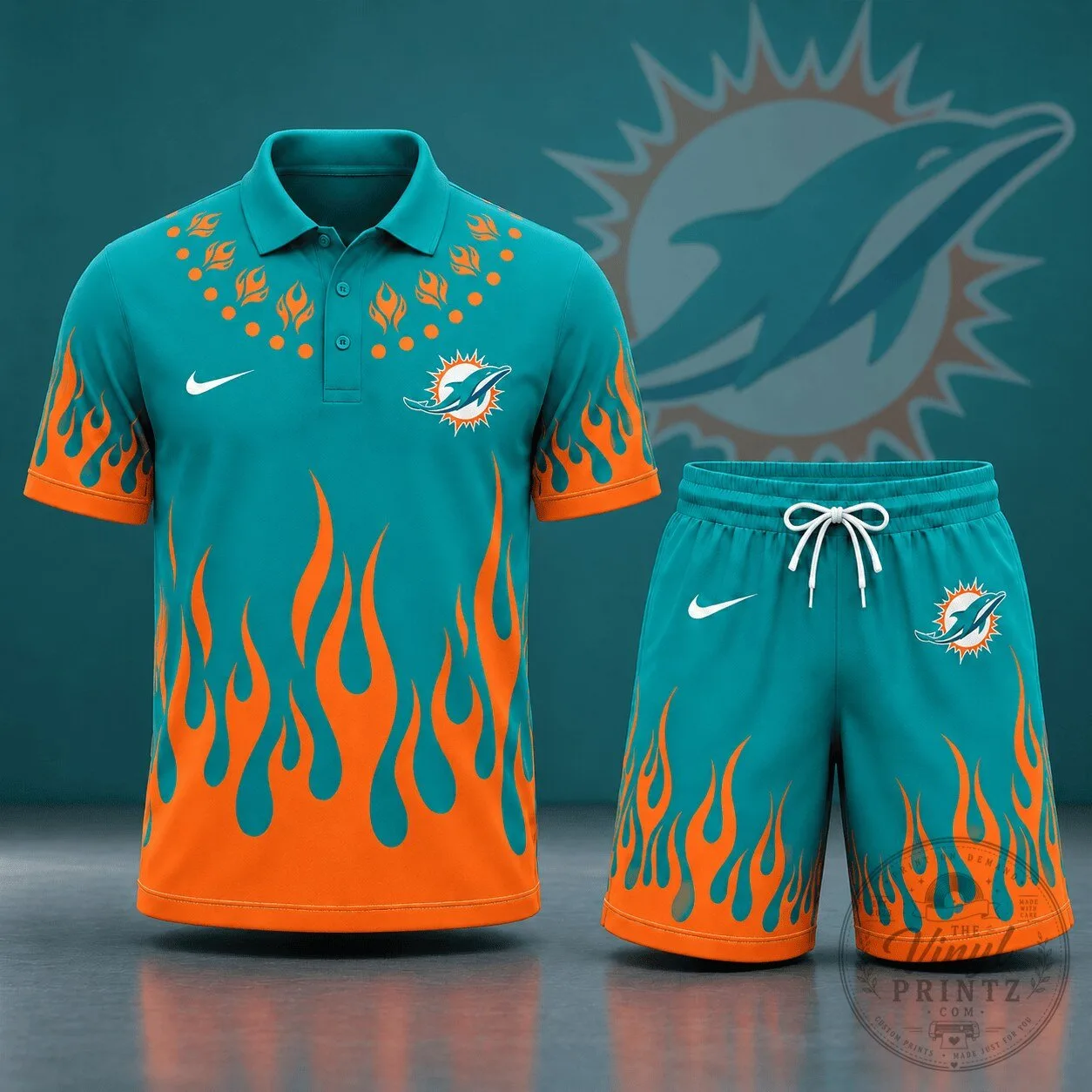 Miami Dolphins Football Team Flame Graphic Polo Shirt and Shorts Set 2 Miami Dolphins Football Team Flame Graphic Polo Shirt and Shorts Set