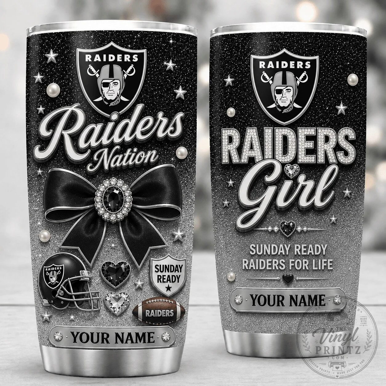 Personalized Las Vegas Raiders Football Team Glitter Design Stainless Steel Tumbler