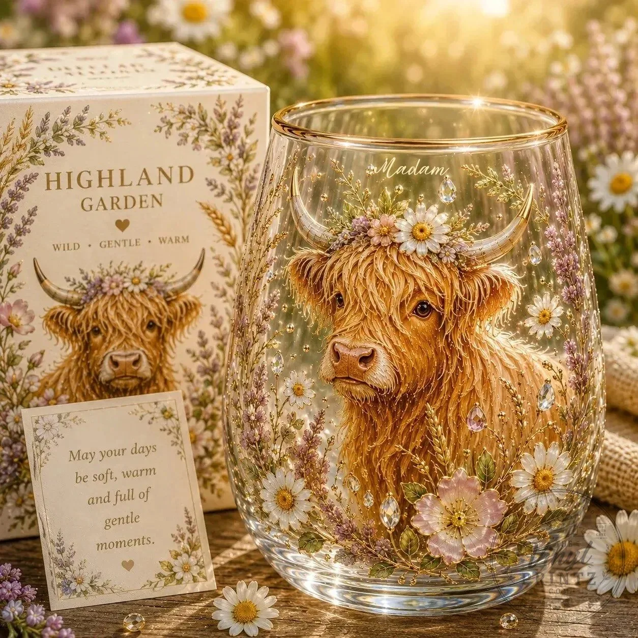 Highland Cow Garden Stemless Wine Glass with Floral Design